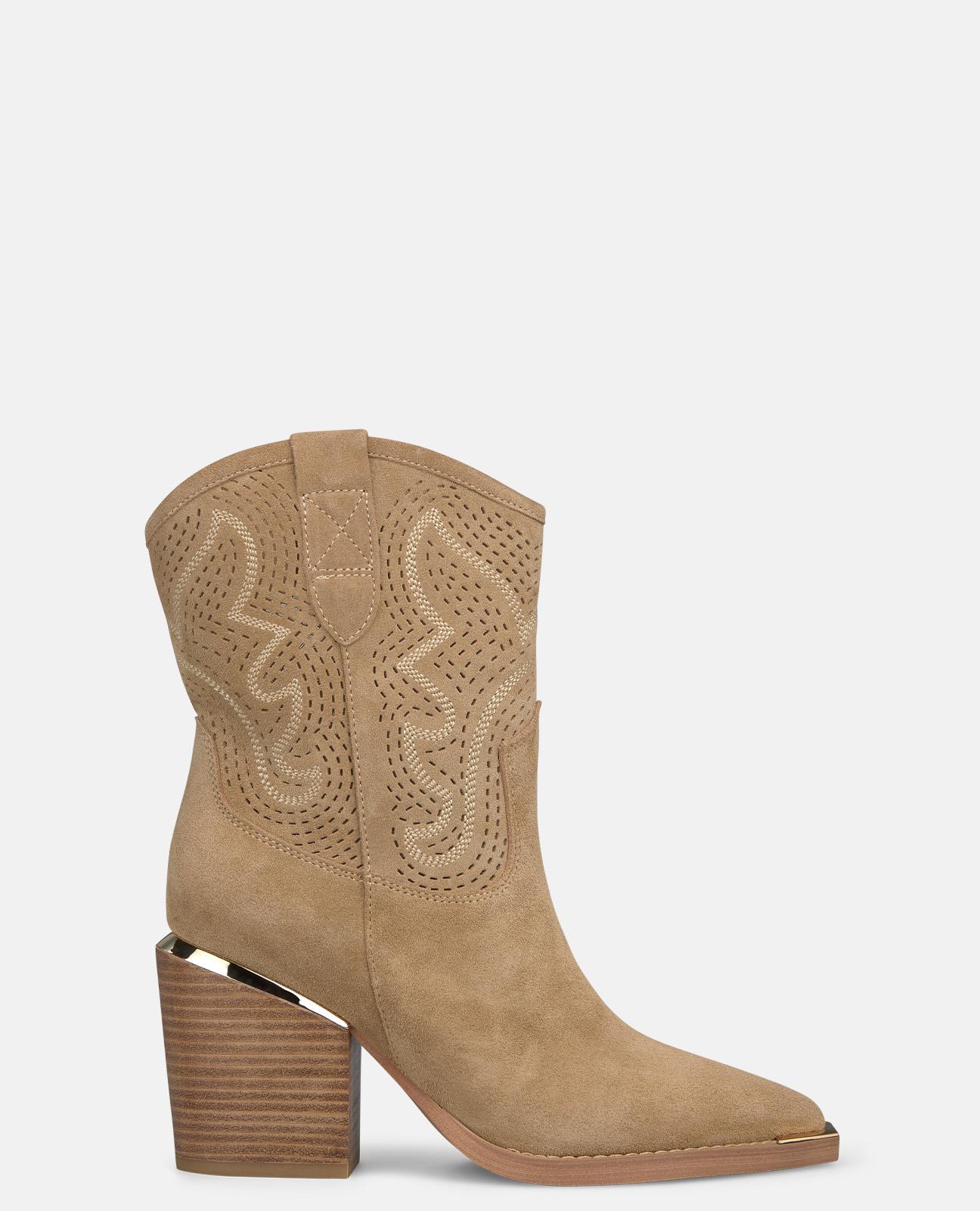 Botins Cowboy em Pele com Detalhe Perfurado e Alças Laterais Areia-1