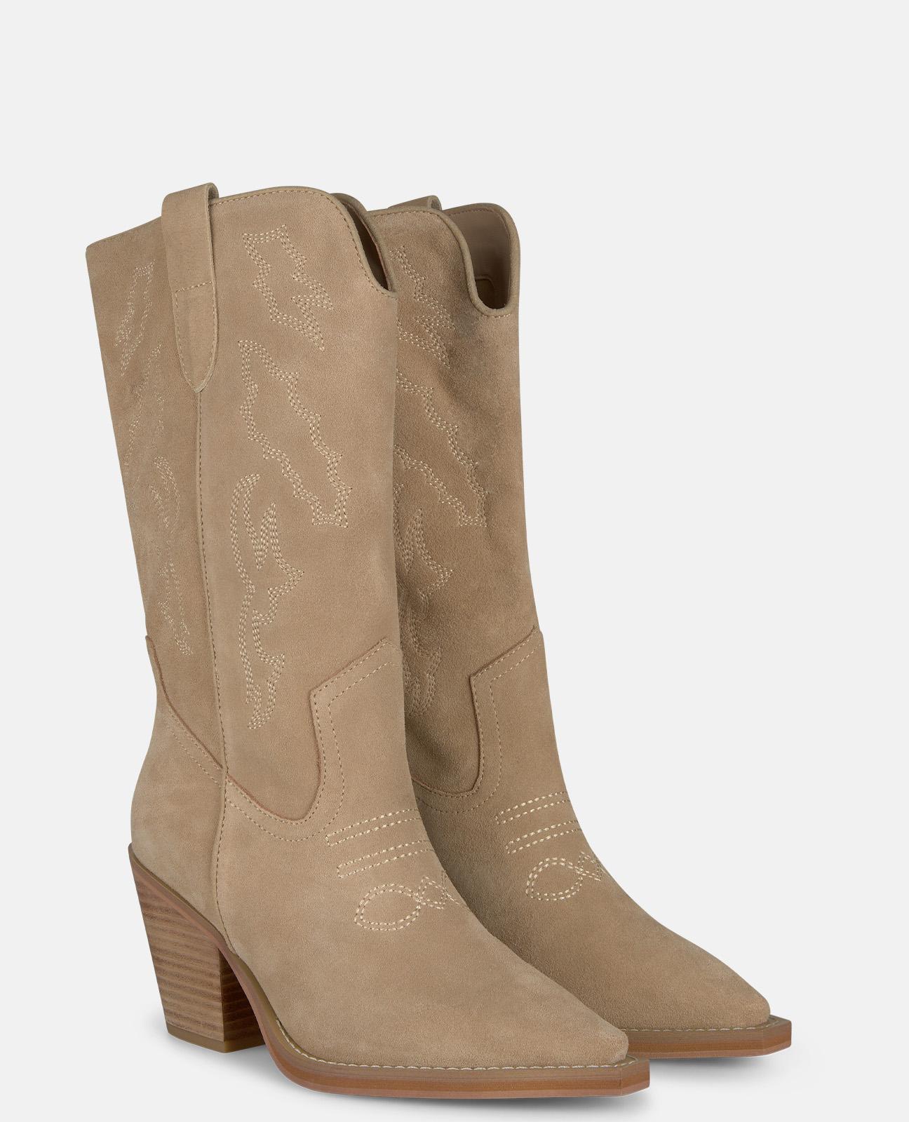 Botas Cowboy em Pele com Alças Laterais Areia-2