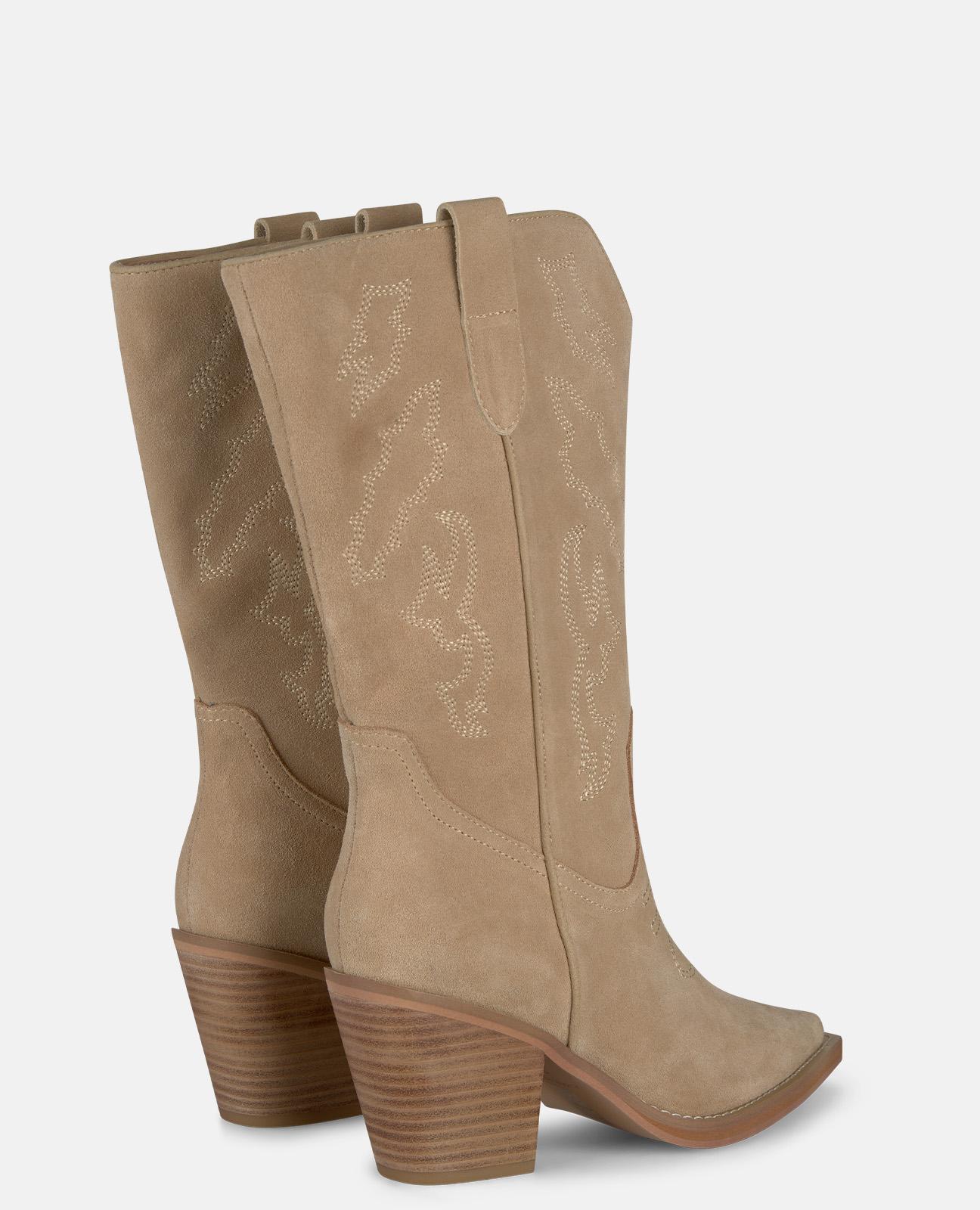 Botas Cowboy em Pele com Alças Laterais Areia-3