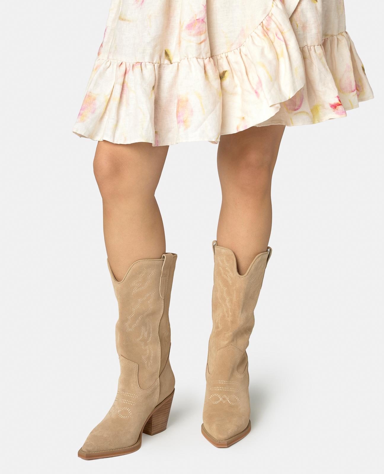 Botas Cowboy em Pele com Alças Laterais Areia-5