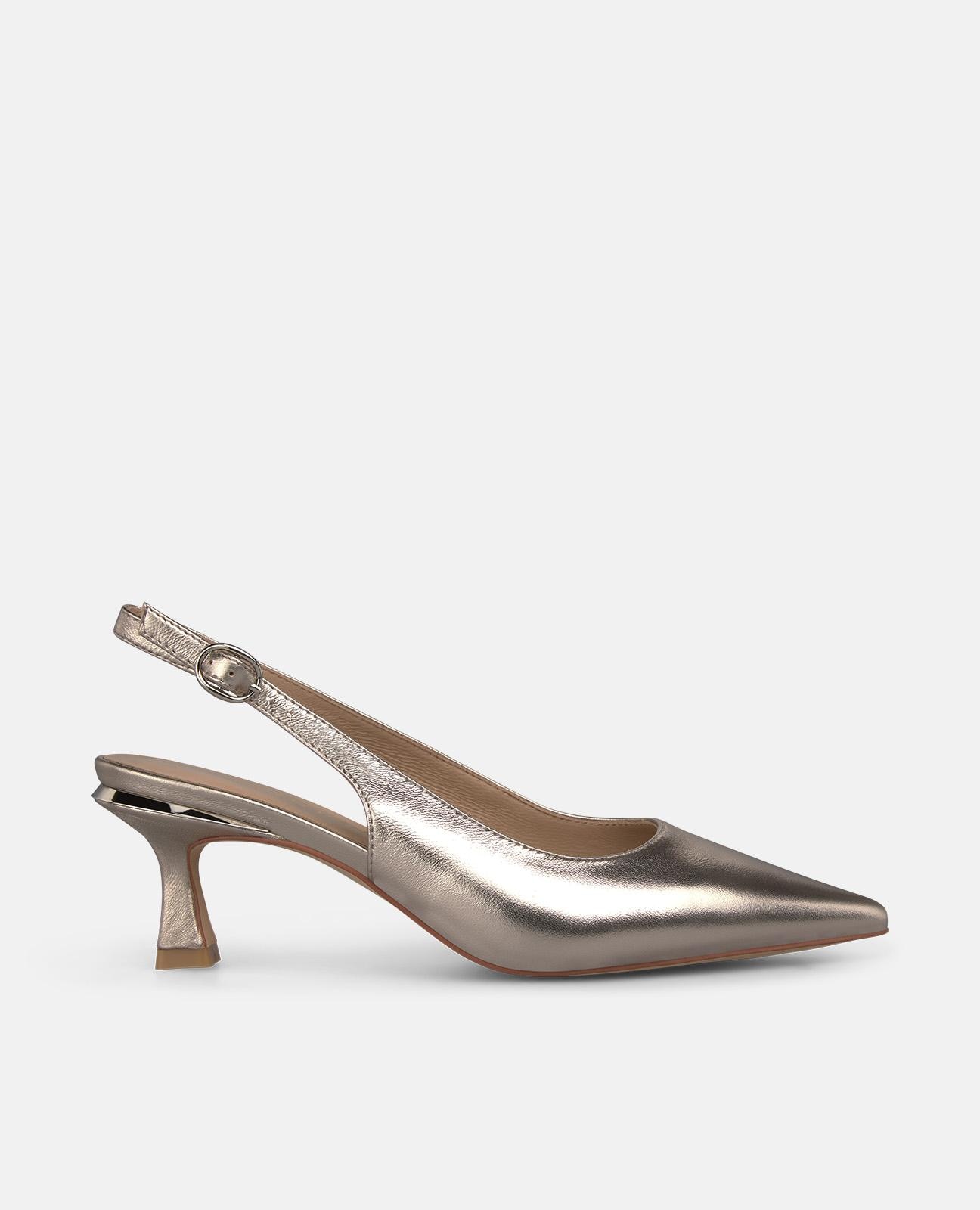 Sapatos de Salto em Pele com o Calcanhar Aberto Efeito Metalizado com Fecho de Fivela Dourado-1
