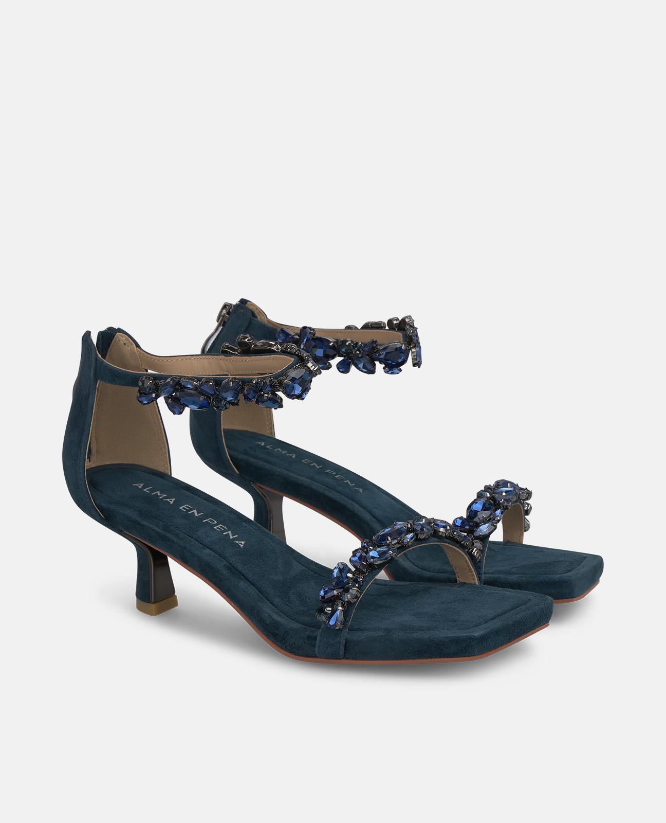 Sandálias de Salto com Tiras com Pedraria e Fecho de Fivela Azul-marinho-2