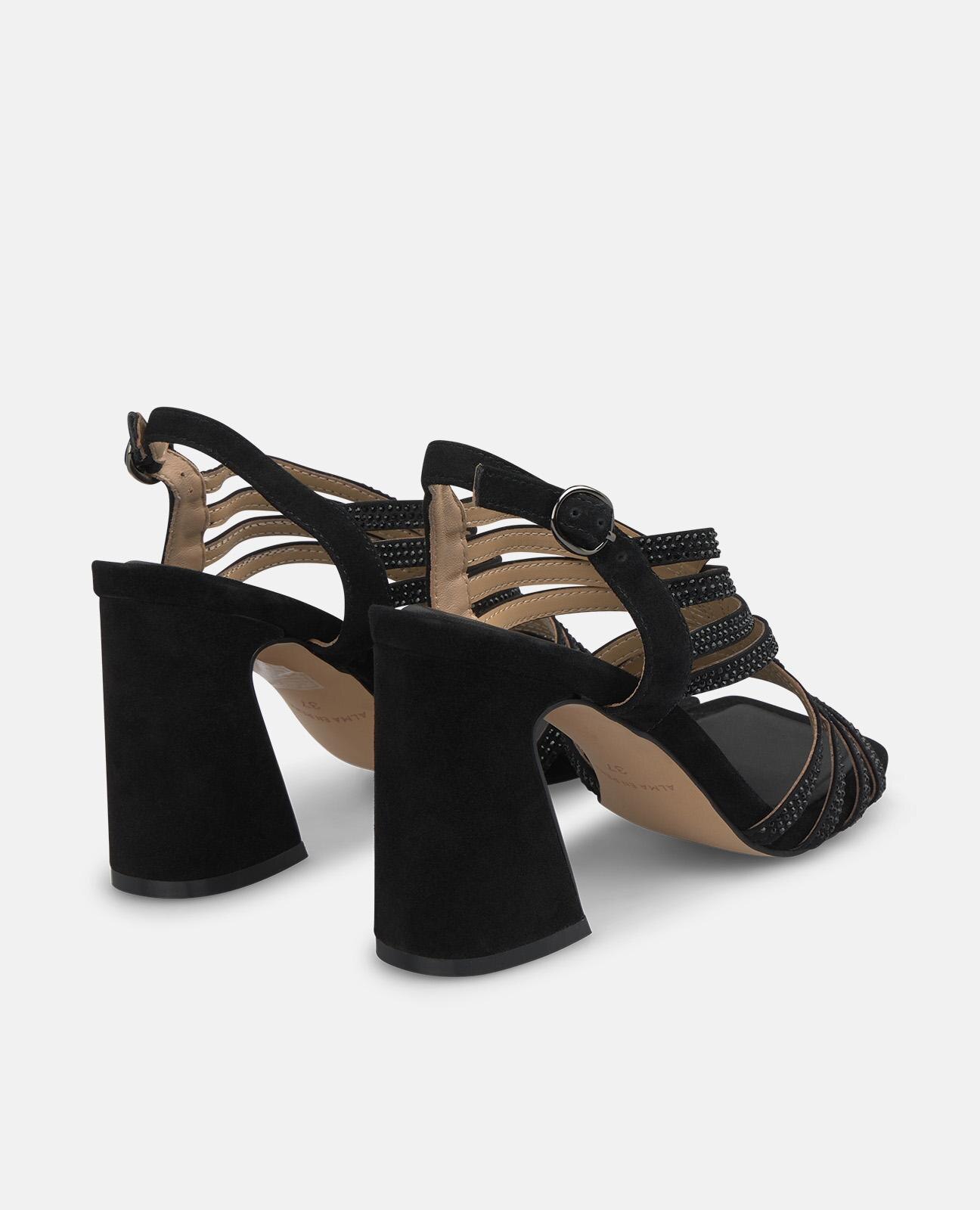 Sandálias de Salto com Tiras de Pedras e Fecho com Fivela Preto-3
