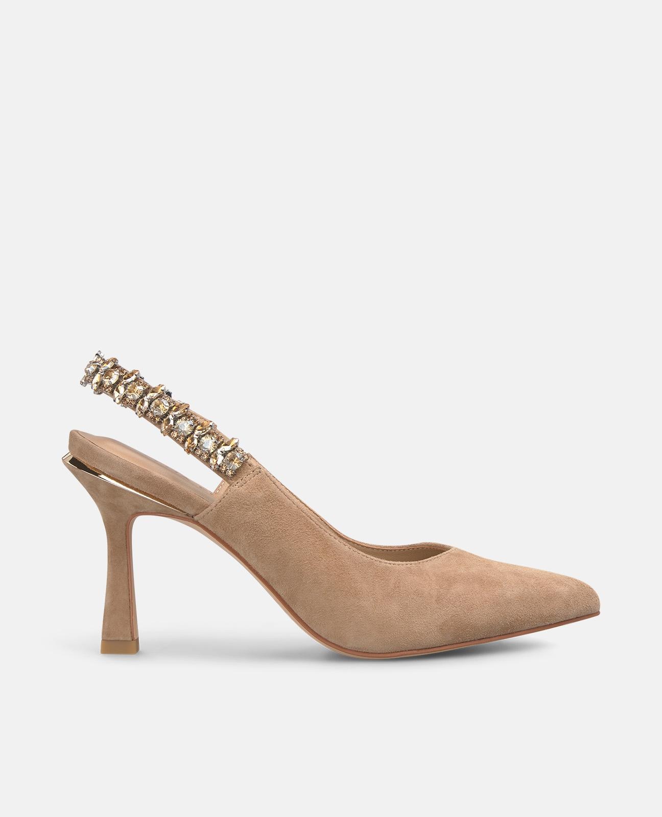 Sapatos de Salto com Calcanhar Aberto e Tacão Agulha e Tira Elástica de Pedras Camel-1