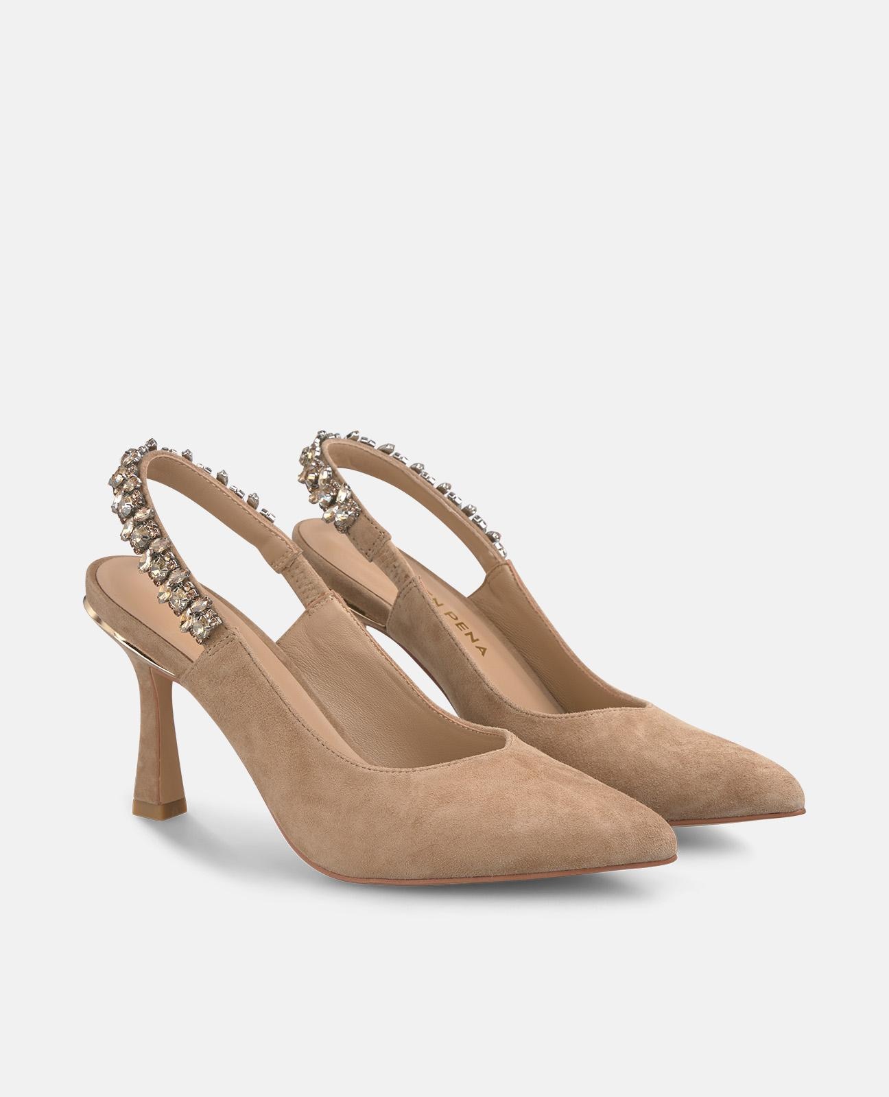 Sapatos de Salto com Calcanhar Aberto e Tacão Agulha e Tira Elástica de Pedras Camel-2