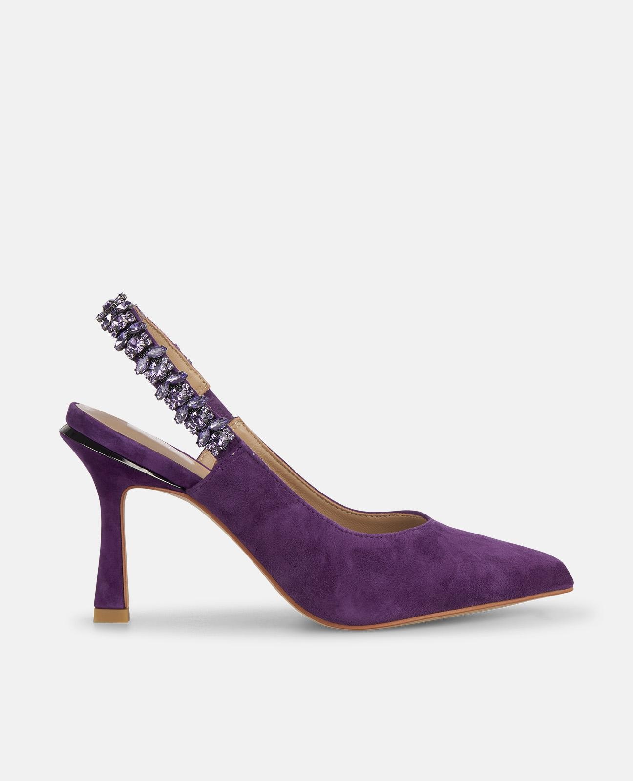 Sapatos de Salto com o Calcanhar Aberto e Tira de Pedraria Violeta-1