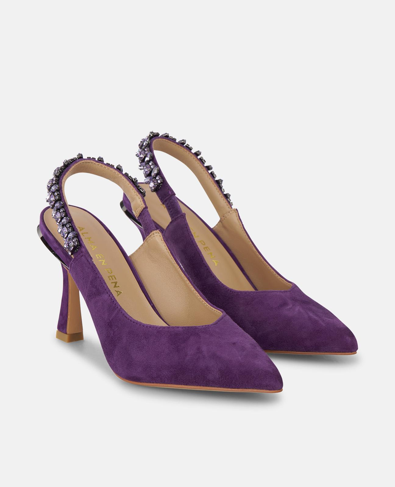 Sapatos de Salto com o Calcanhar Aberto e Tira de Pedraria Violeta-2