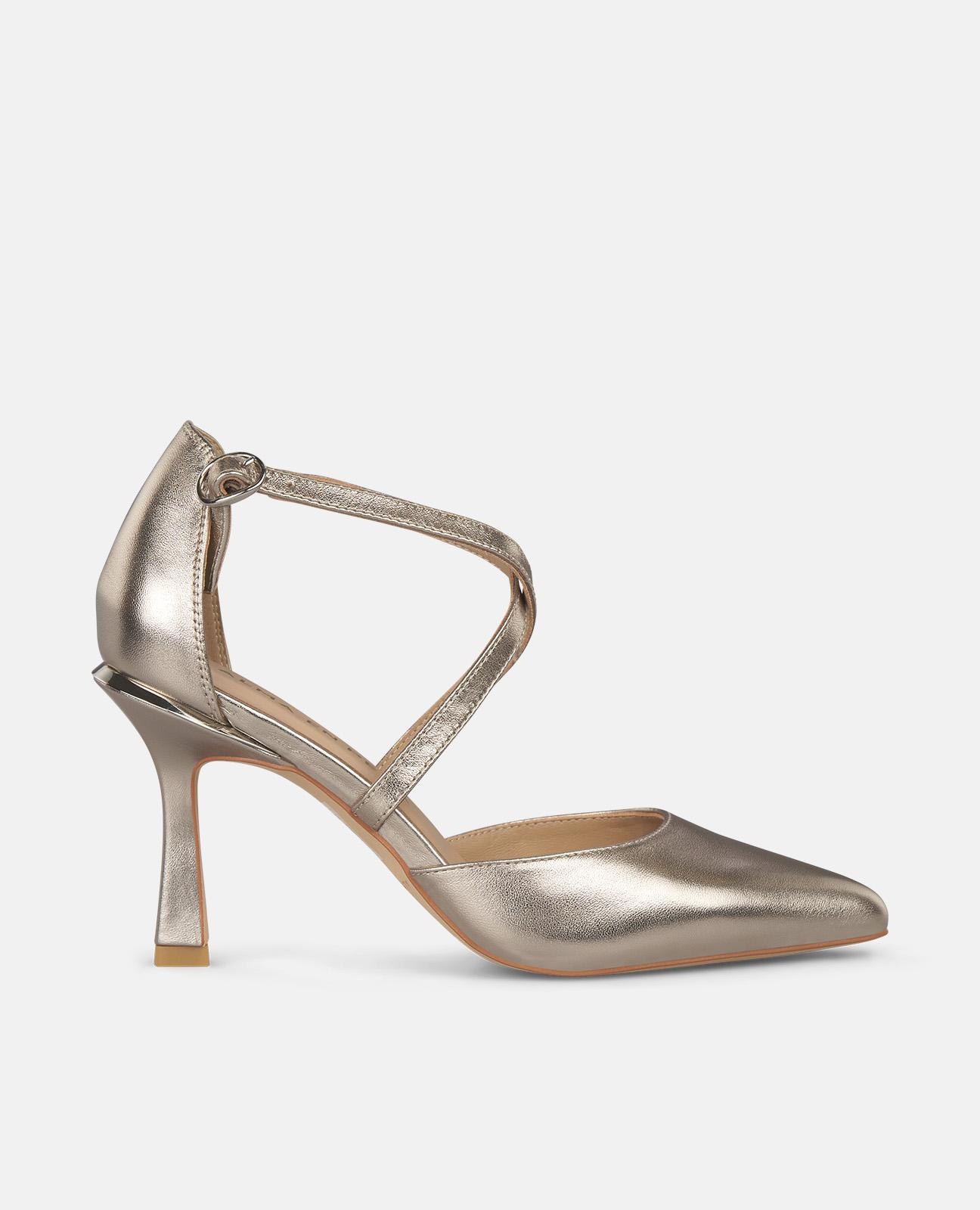 Sapatos de Salto com Tiras Cruzadas Biqueira Afiada e Fecho com Fivela Ouro-1