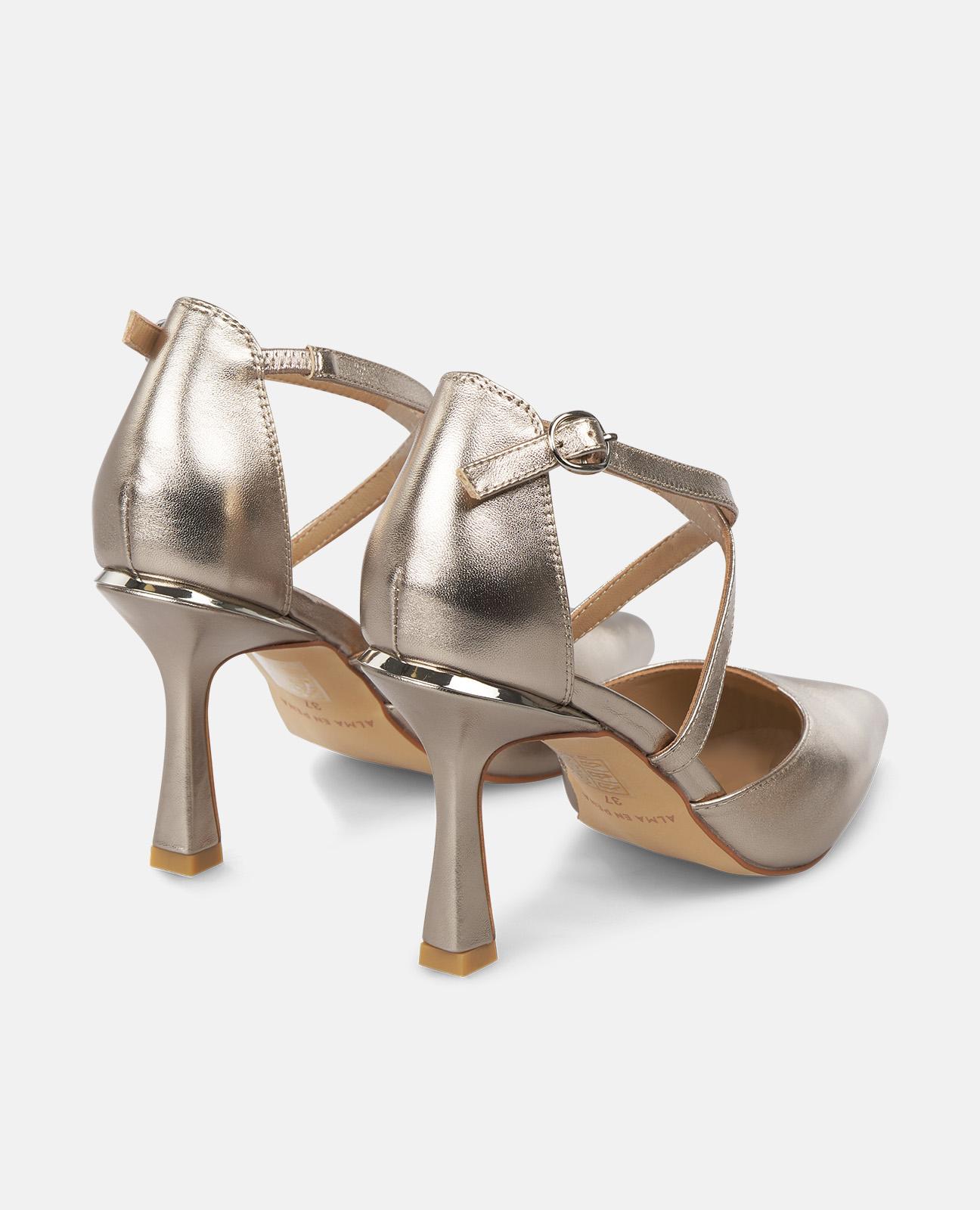 Sapatos de Salto com Tiras Cruzadas Biqueira Afiada e Fecho com Fivela Ouro-3