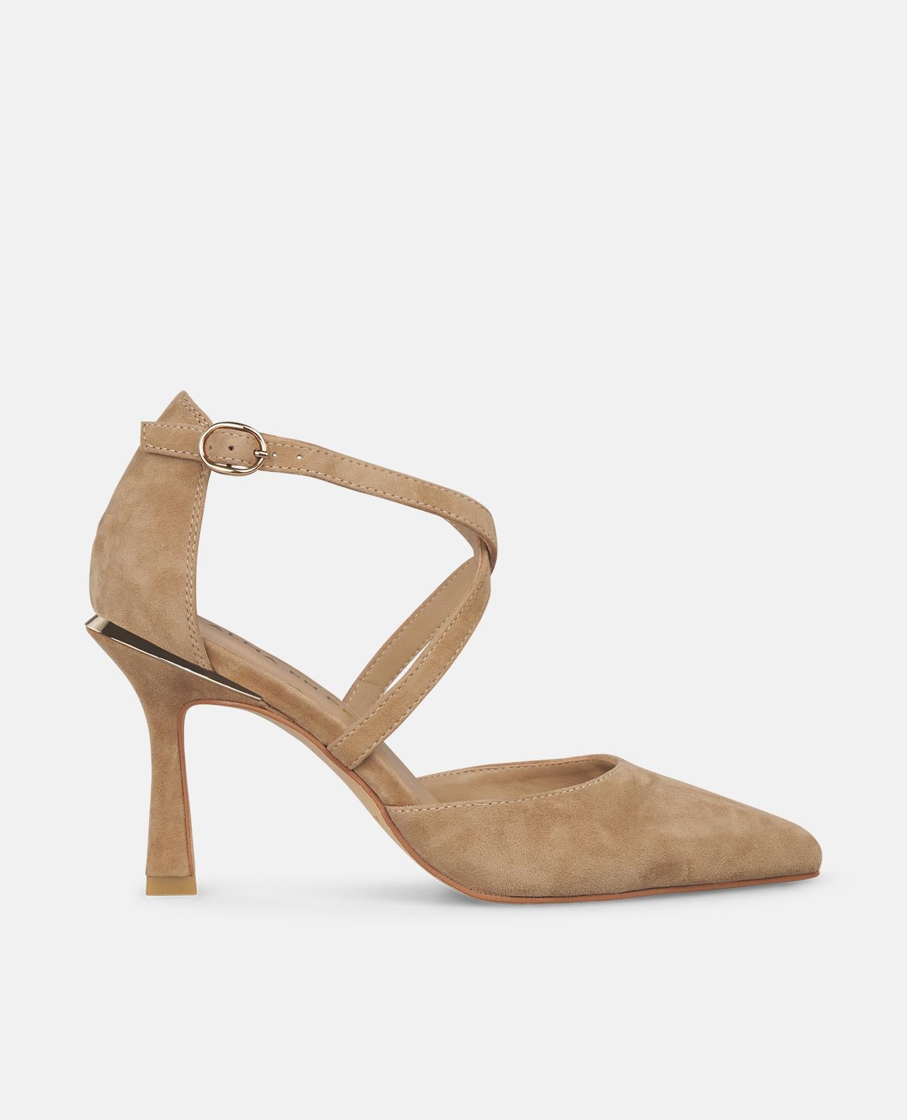 Sapatos de Salto com Tiras Cruzadas Biqueira Afiada e Fecho com Fivela Camel-1
