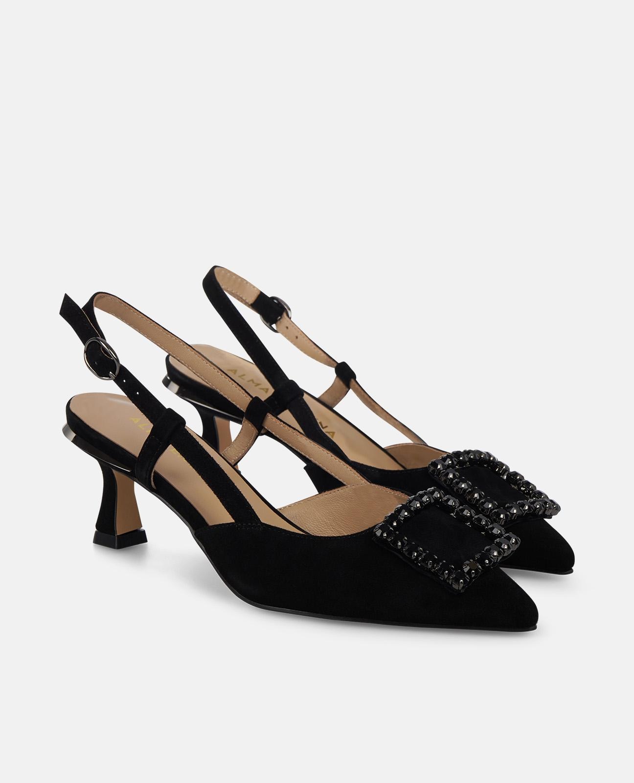 Sapatos de Salto com o Calcanhar Aberto e Adorno de Pedraria com Fecho de Fivela Preto-2