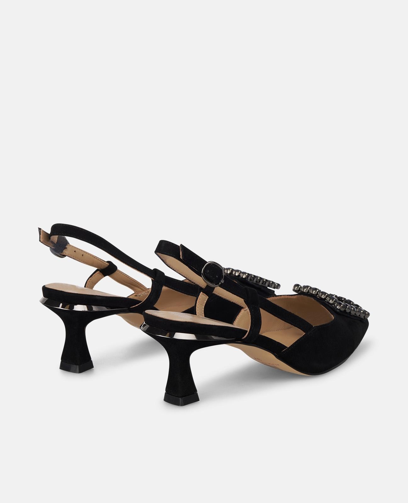 Sapatos de Salto com o Calcanhar Aberto e Adorno de Pedraria com Fecho de Fivela Preto-3