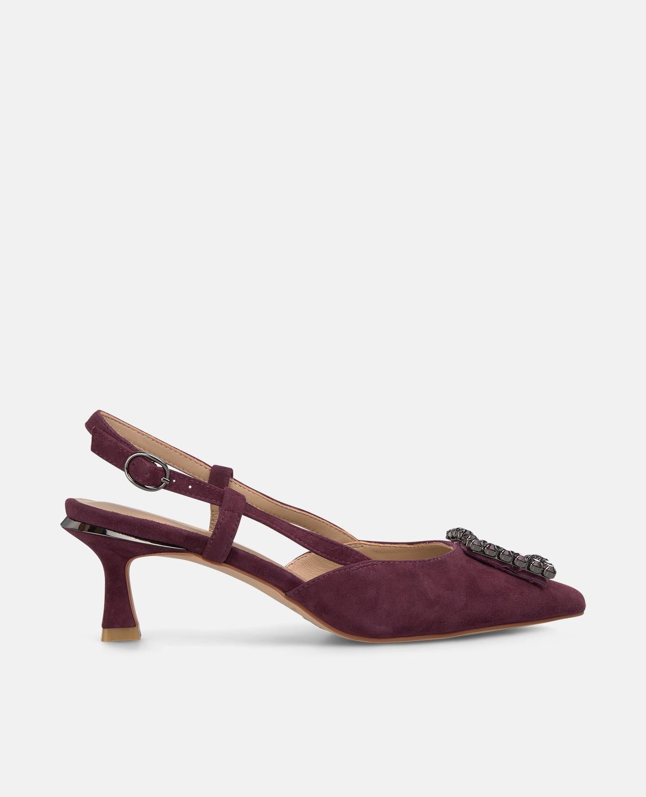 Sapatos de Salto com o Calcanhar Aberto e Adorno de Pedraria e Fecho com Fivela Bordeaux-1