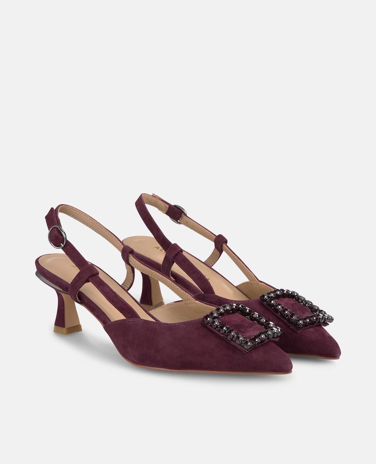 Sapatos de Salto com o Calcanhar Aberto e Adorno de Pedraria e Fecho com Fivela Bordeaux-2