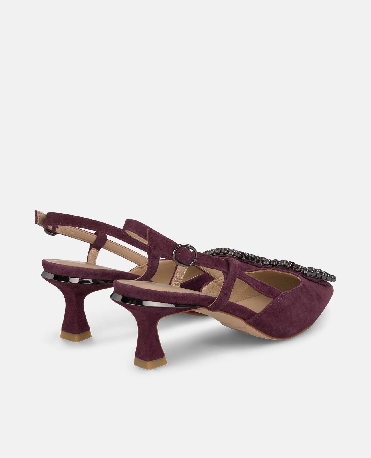 Sapatos de Salto com o Calcanhar Aberto e Adorno de Pedraria e Fecho com Fivela Bordeaux-3