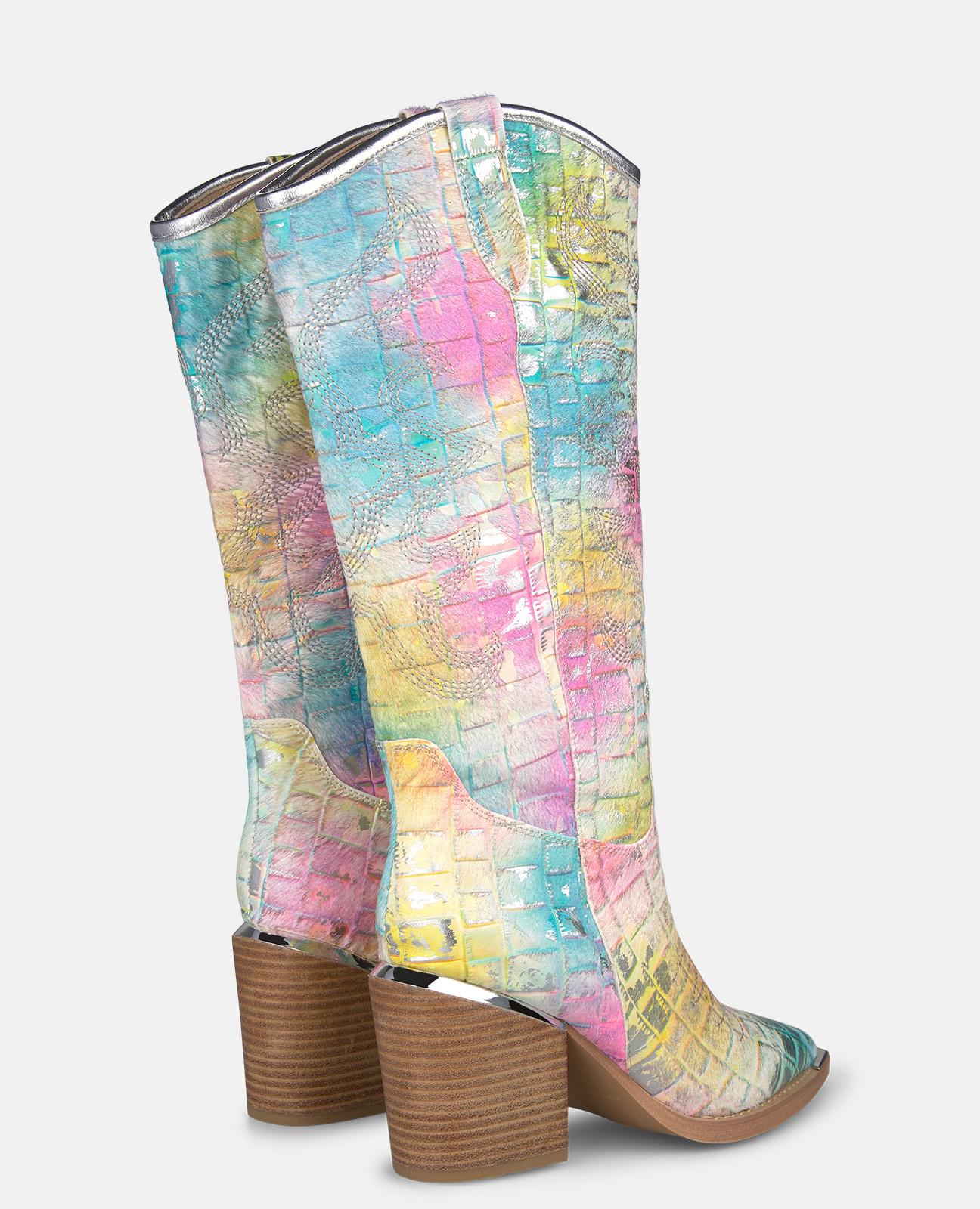Botas Cowboy em Pele Efeito Fantasia com Detalhe Metálico no Tacão Multicolor-3