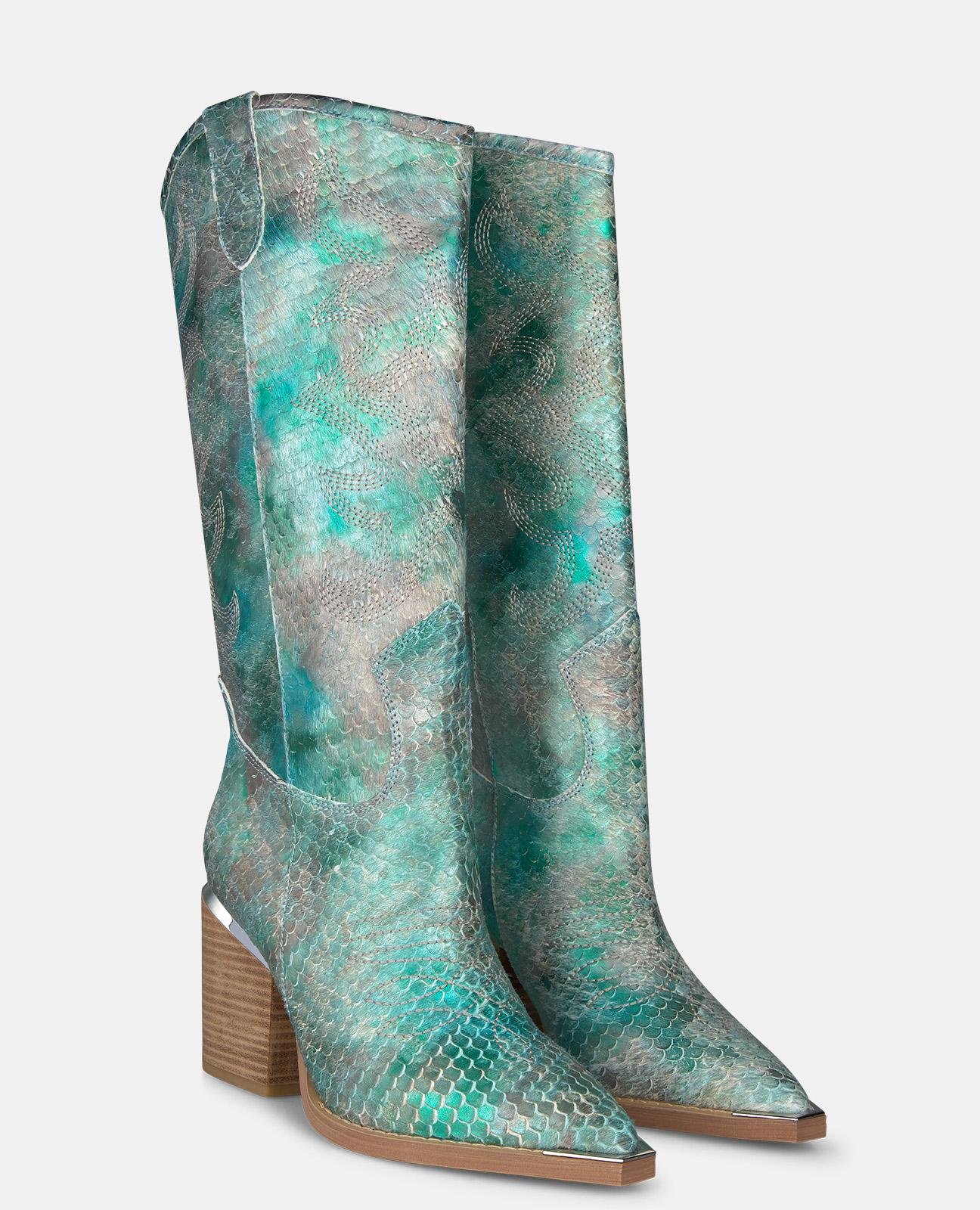 Botas Cowboy em Pele Efeito Fantasia com Detalhe Metálico no Tacão Azul-turquesa-2
