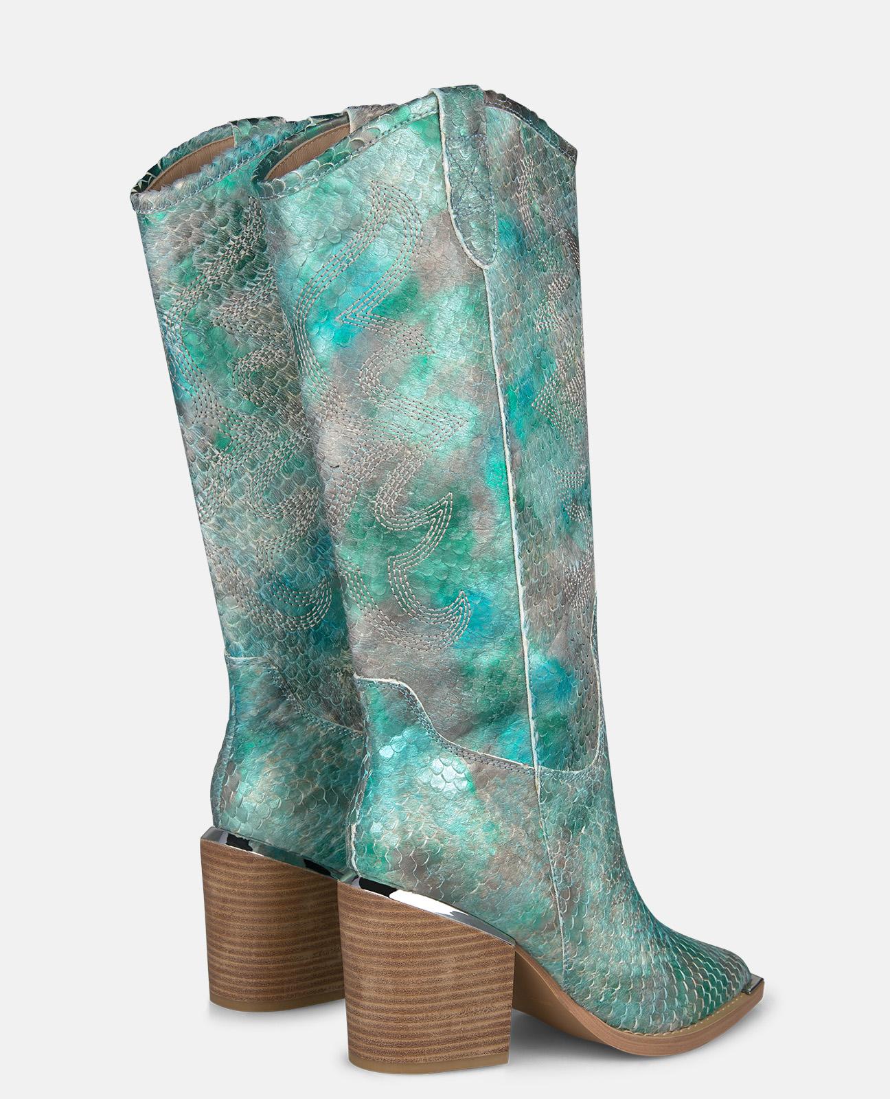 Botas Cowboy em Pele Efeito Fantasia com Detalhe Metálico no Tacão Azul-turquesa-3