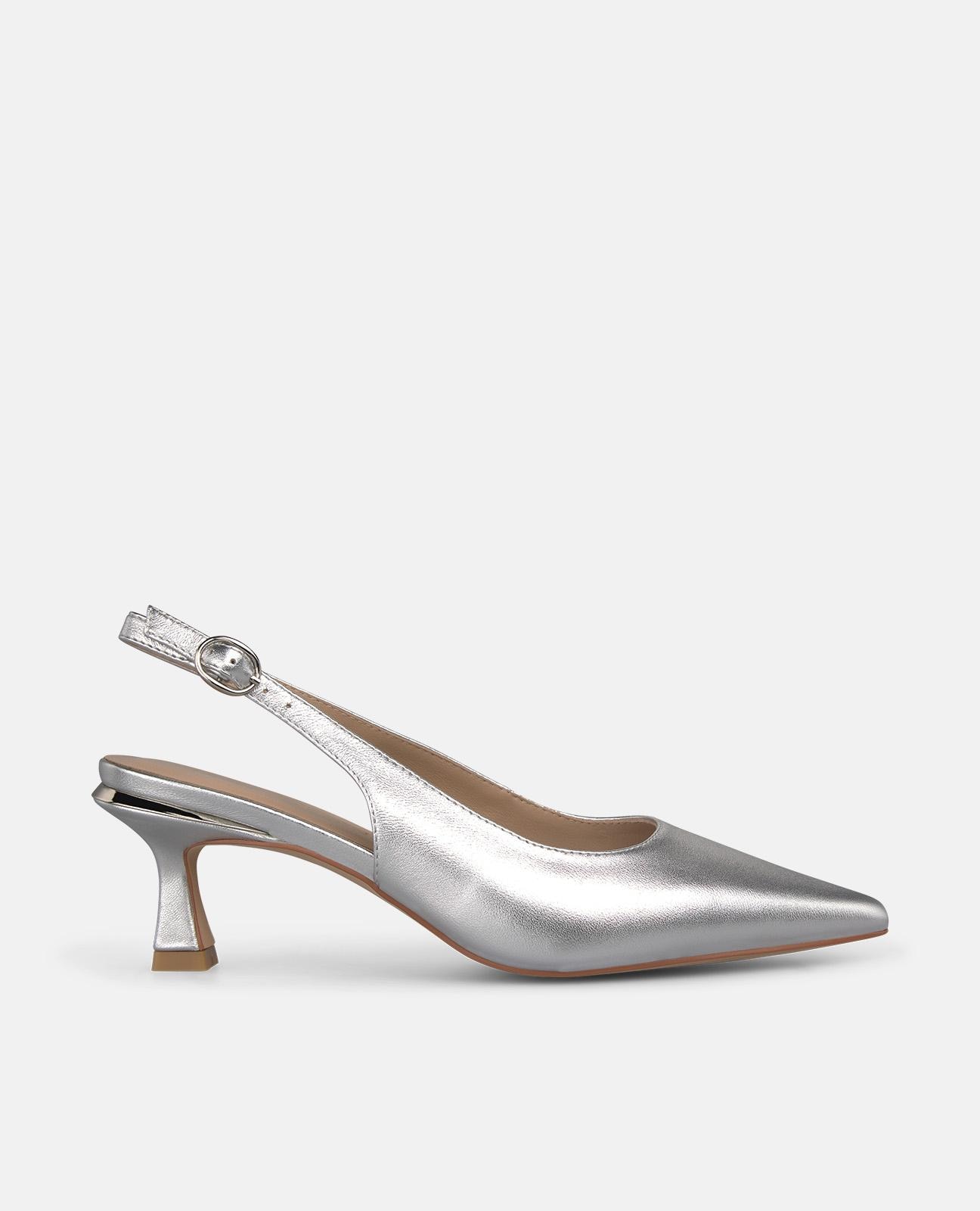 Imagem 0 de Sapatos de Salto em Pele com o Calcanhar Aberto Efeito Metalizado com Fecho de Fivela
