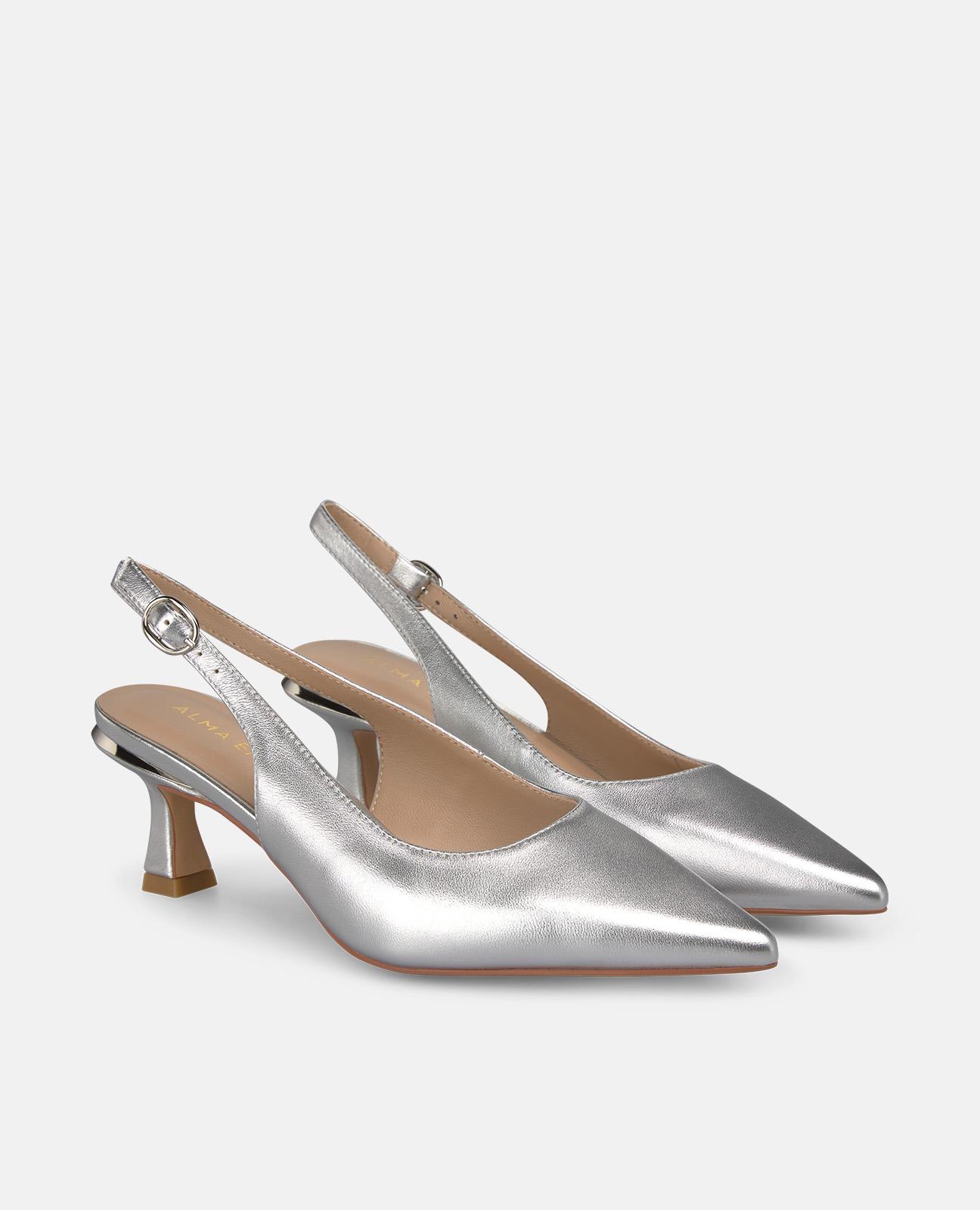 Sapatos de Salto em Pele com o Calcanhar Aberto Efeito Metalizado com Fecho de Fivela Prateado-2