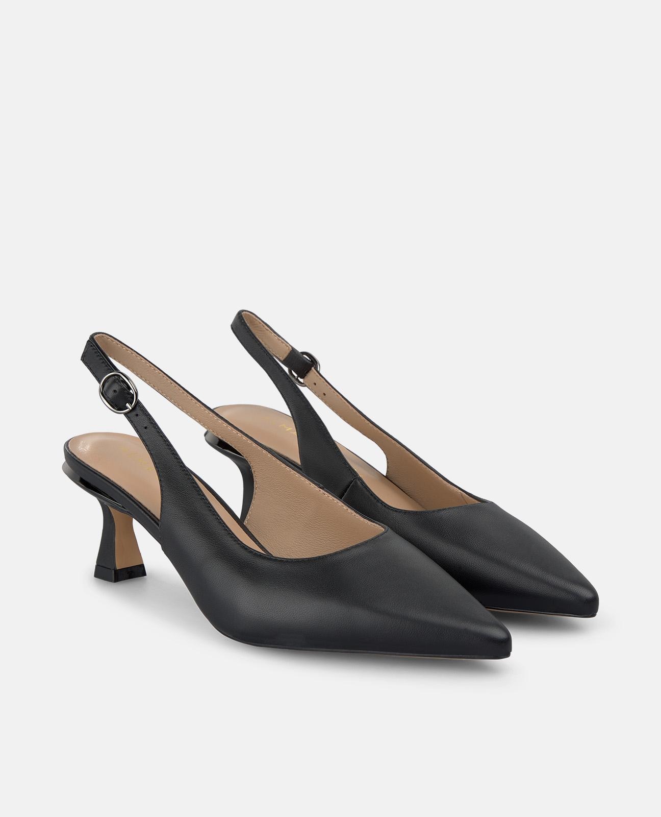 Sapatos de Salto com o Calcanhar Aberto de Pele em Napa com Tira Posterior e Fivela Preto-2