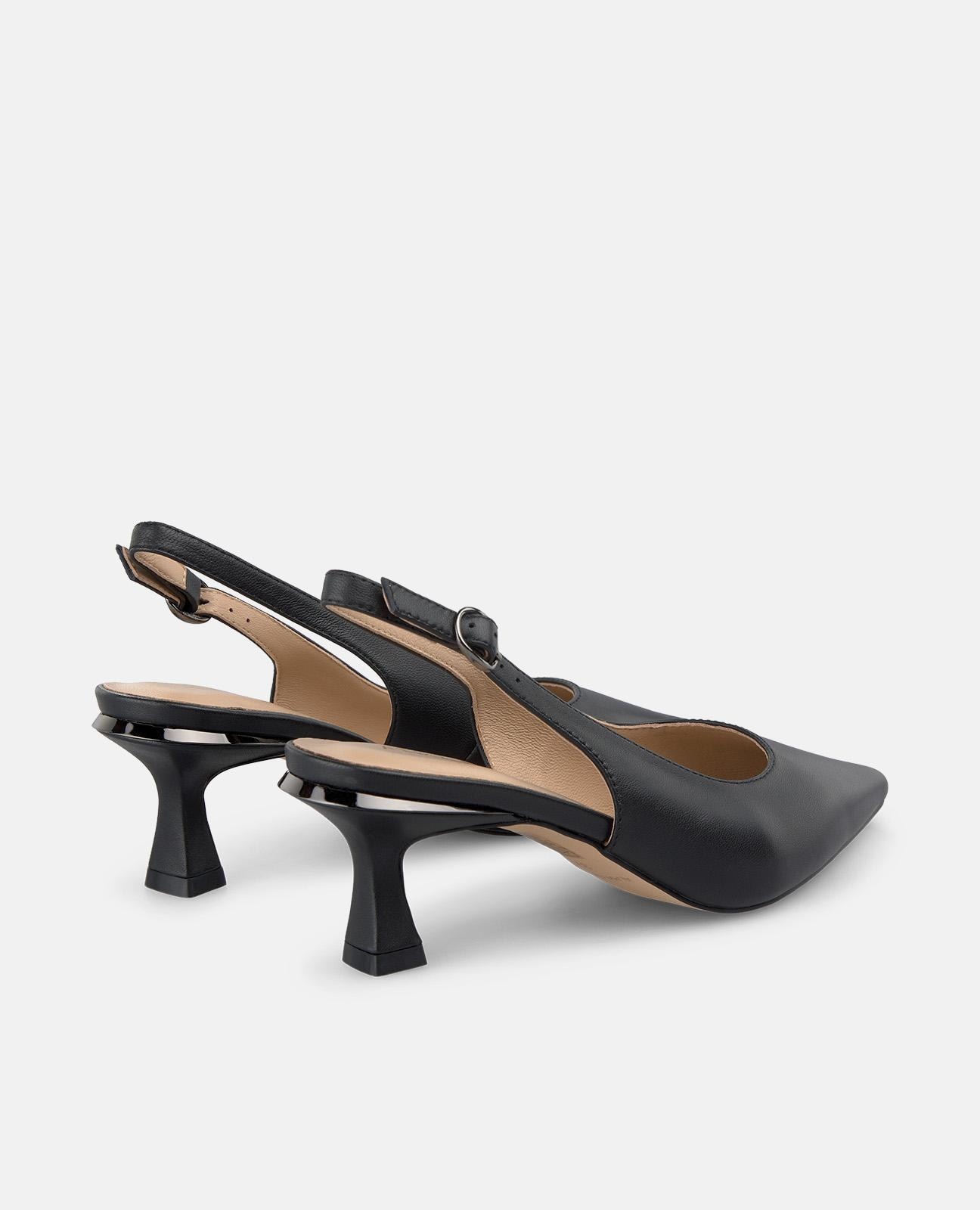 Sapatos de Salto com o Calcanhar Aberto de Pele em Napa com Tira Posterior e Fivela Preto-3