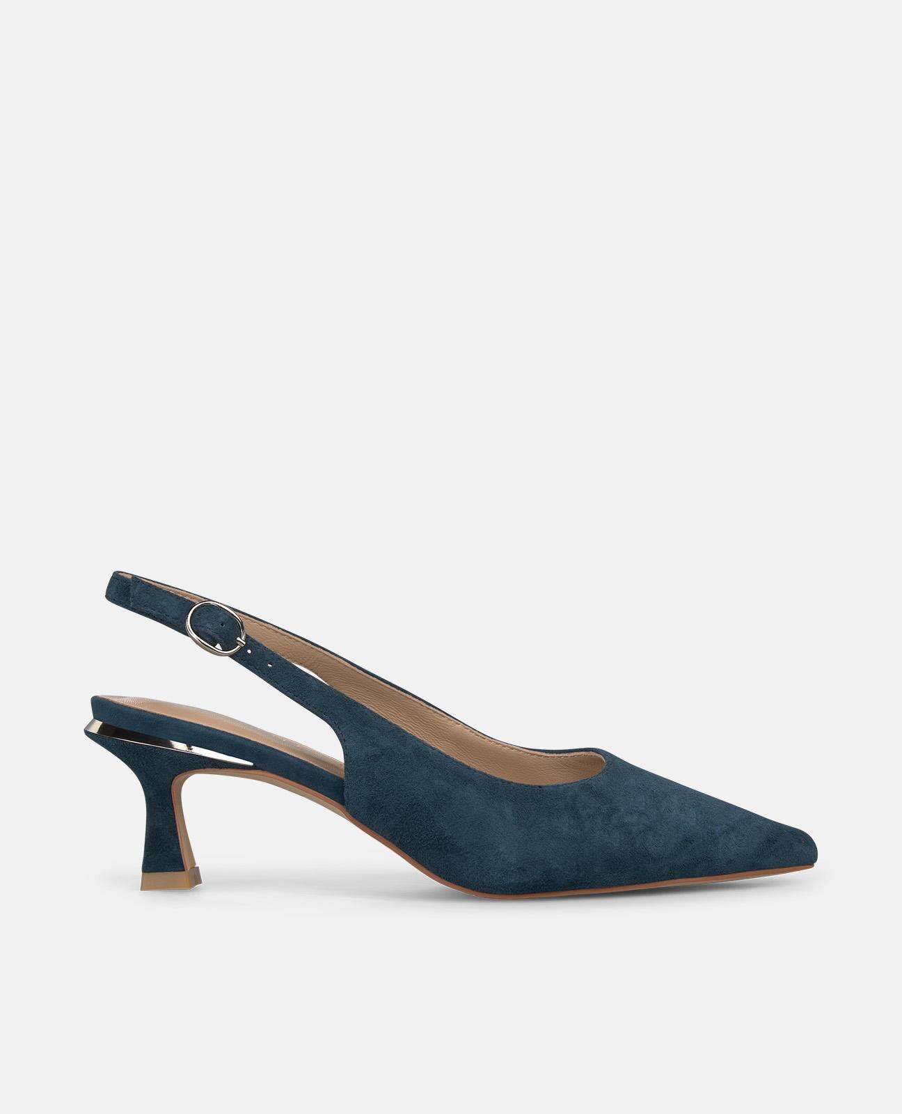 Sapatos de Salto com o Calcanhar Aberto em Pele com Tira Posterior de Fivela Azul-marinho-1