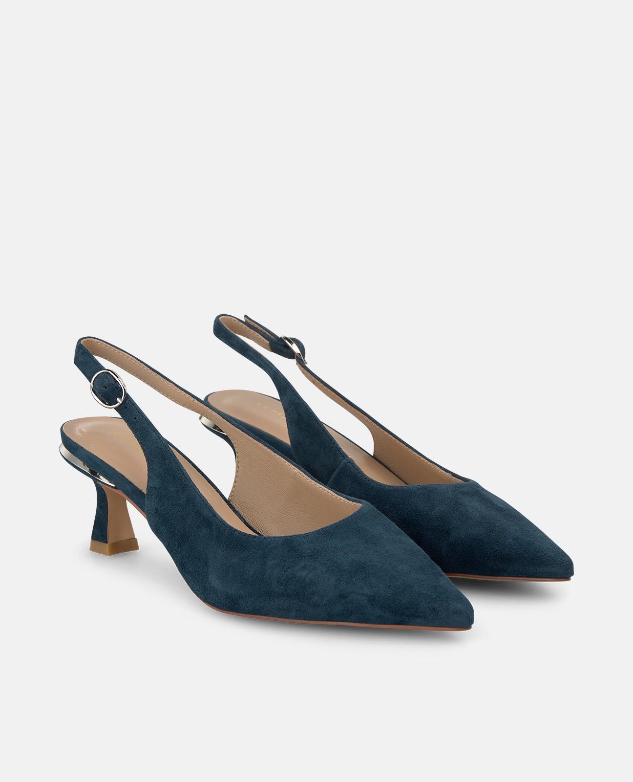 Sapatos de Salto com o Calcanhar Aberto em Pele com Tira Posterior de Fivela Azul-marinho-2