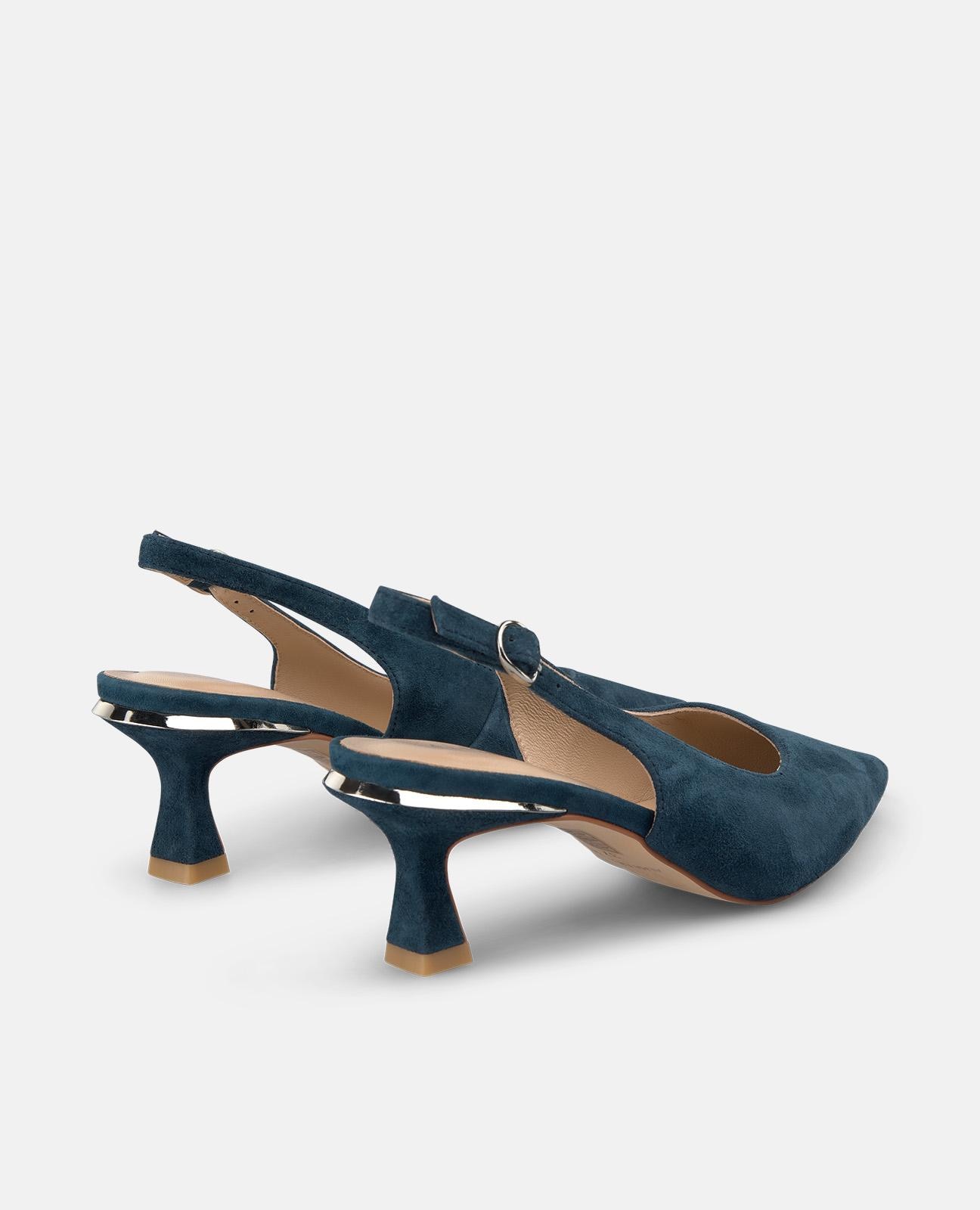 Sapatos de Salto com o Calcanhar Aberto em Pele com Tira Posterior de Fivela Azul-marinho-3