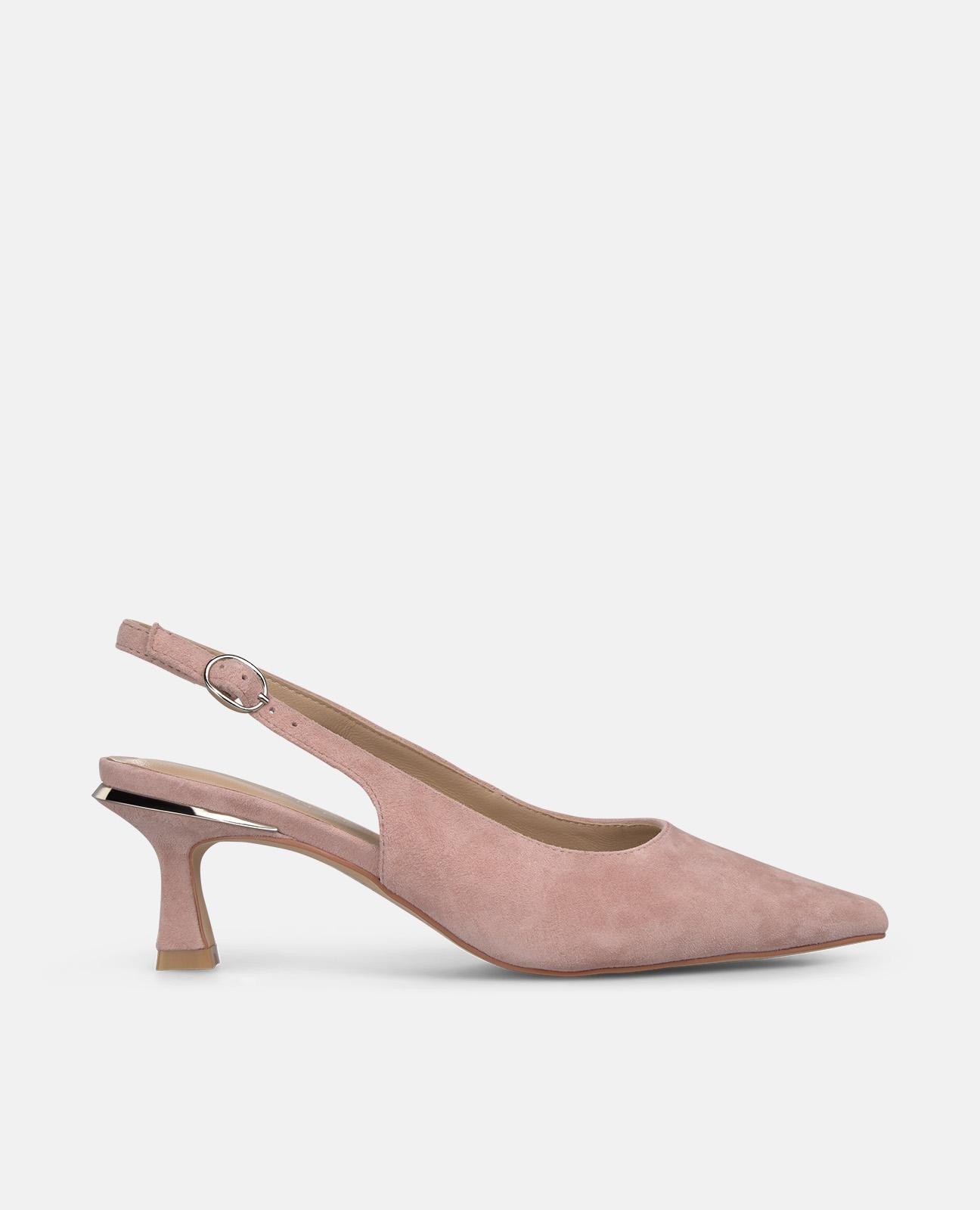 Sapatos de Salto com o Calcanhar Aberto em Pele com Tira Posterior de Fivela Rosa-claro-1