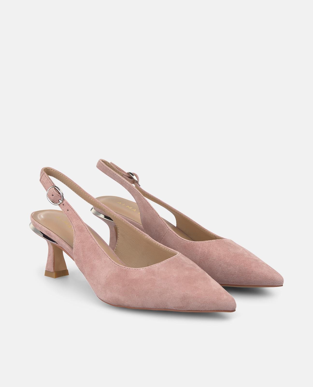 Sapatos de Salto com o Calcanhar Aberto em Pele com Tira Posterior de Fivela Rosa-claro-2