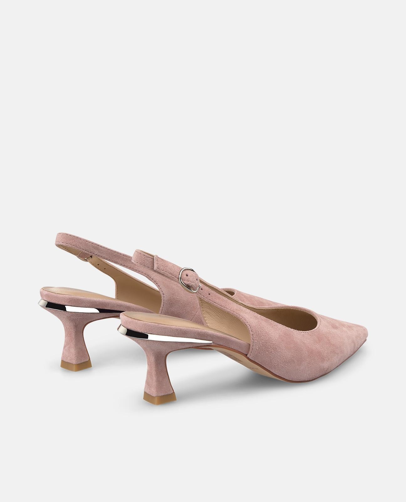 Sapatos de Salto com o Calcanhar Aberto em Pele com Tira Posterior de Fivela Rosa-claro-3
