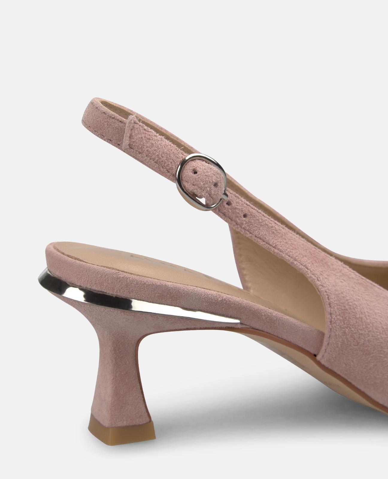 Sapatos de Salto com o Calcanhar Aberto em Pele com Tira Posterior de Fivela Rosa-claro-4