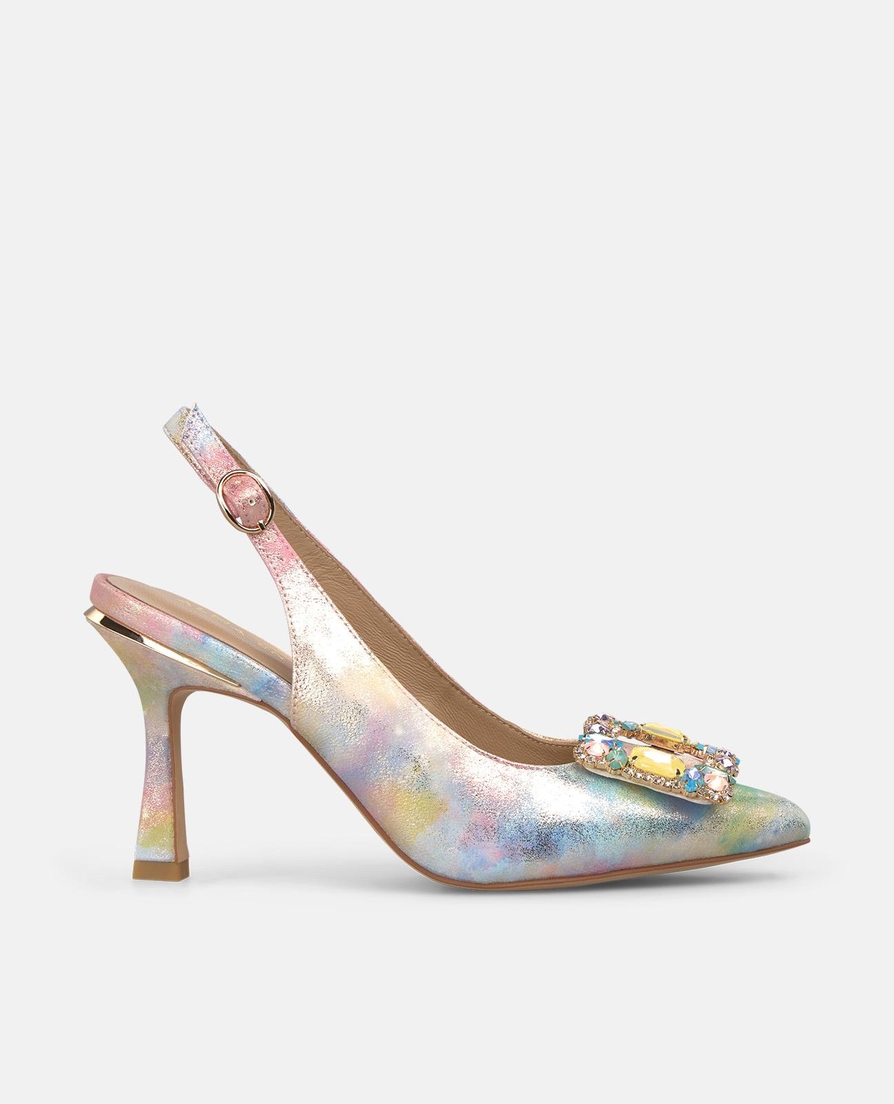 Imagem 0 de Sapatos de Salto com o Calcanhar Aberto Efeito Fantasia com Detalhe Joia Frontal