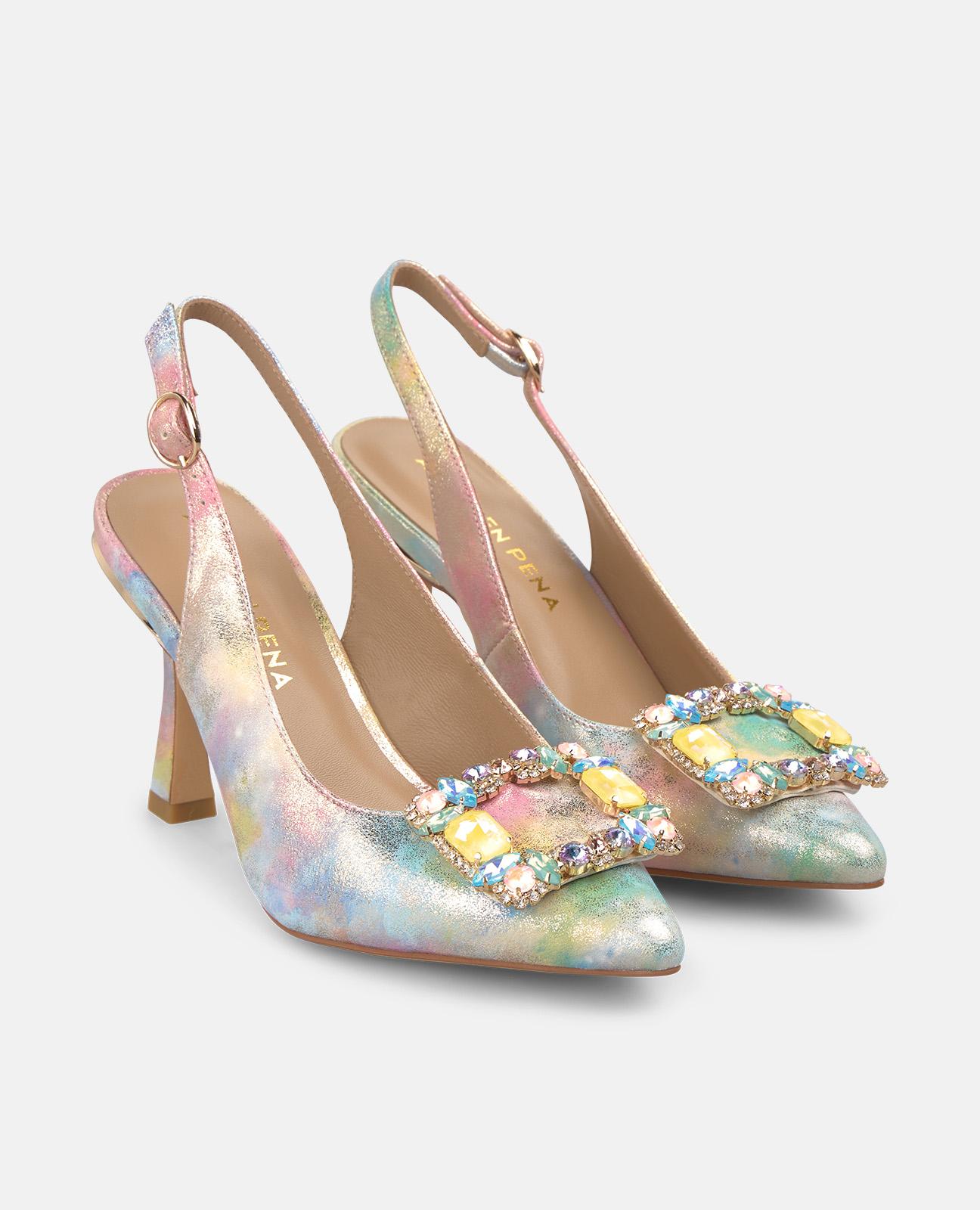 Sapatos de Salto com o Calcanhar Aberto Efeito Fantasia com Detalhe Joia Frontal Rosa-2
