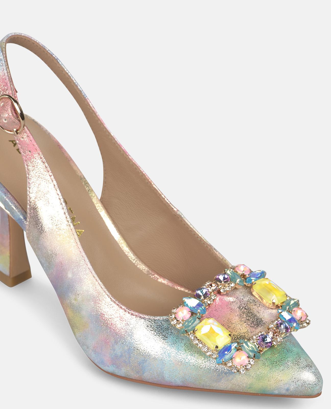 Sapatos de Salto com o Calcanhar Aberto Efeito Fantasia com Detalhe Joia Frontal Rosa-4