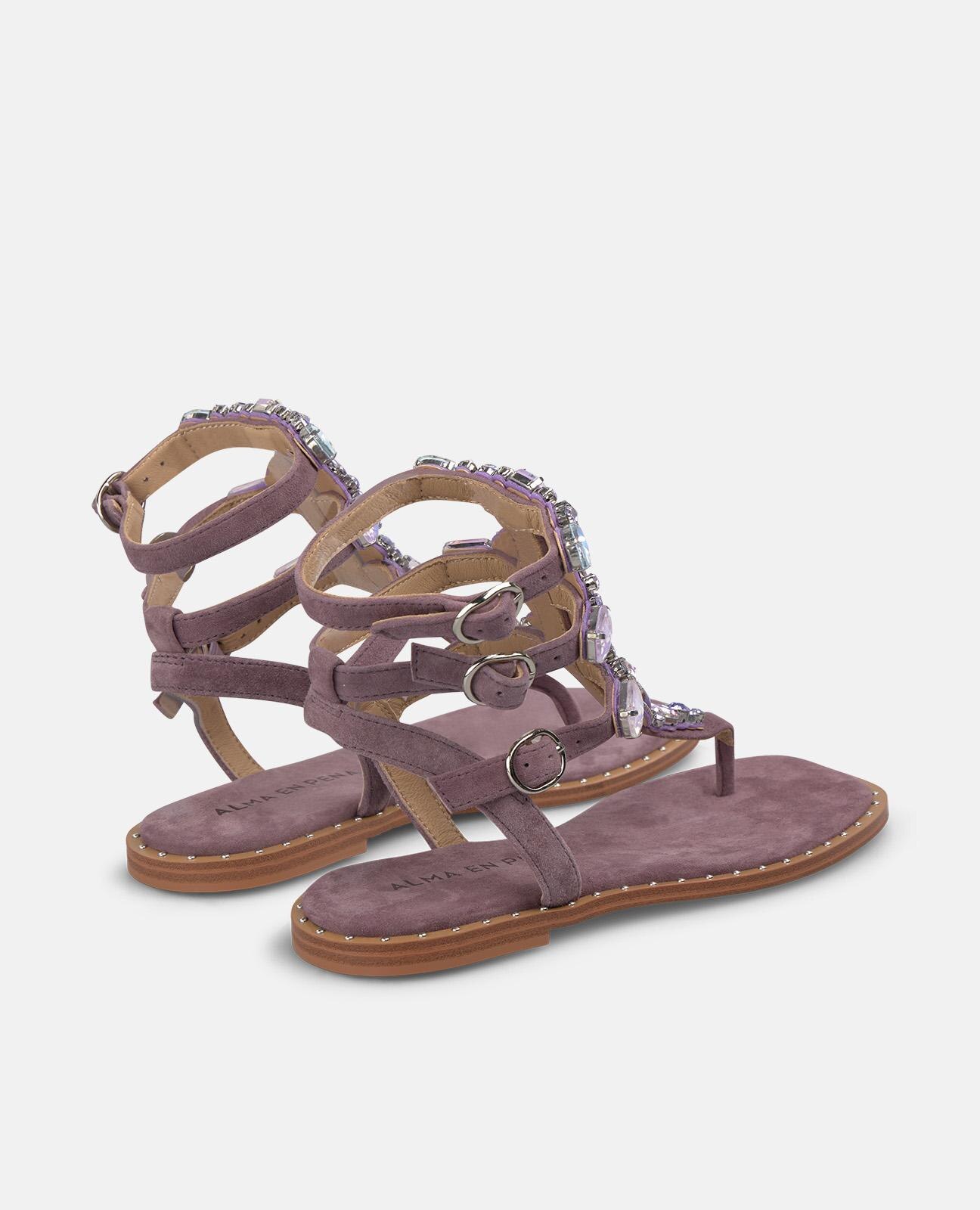 Sandálias Romanas com Tiras com Detalhes Joia e Fivelas Roxo-3