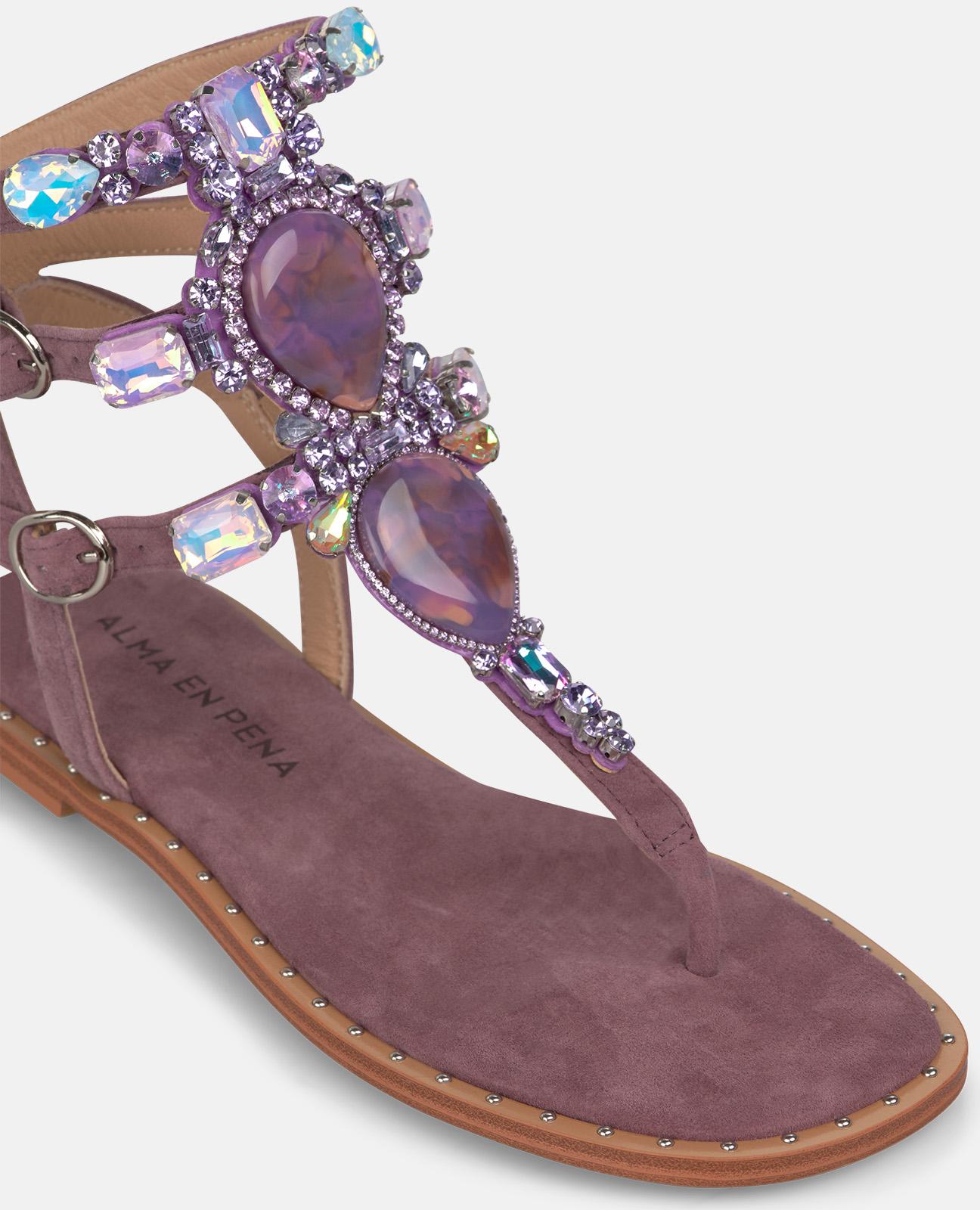 Sandálias Romanas com Tiras com Detalhes Joia e Fivelas Roxo-4