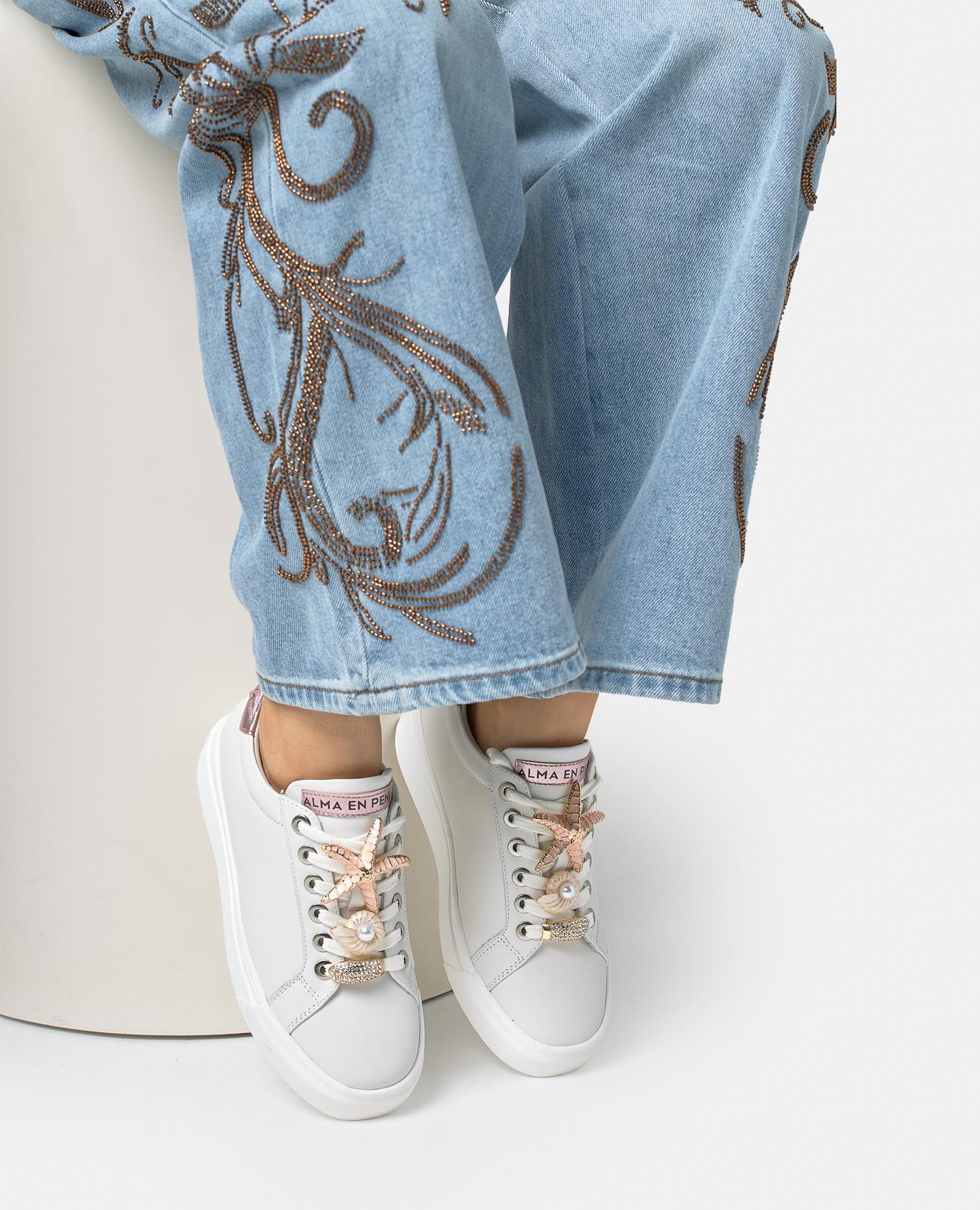 Sapatilhas Desportivas de Pele com Atacadores com Detalhe Decorativo Branco-5