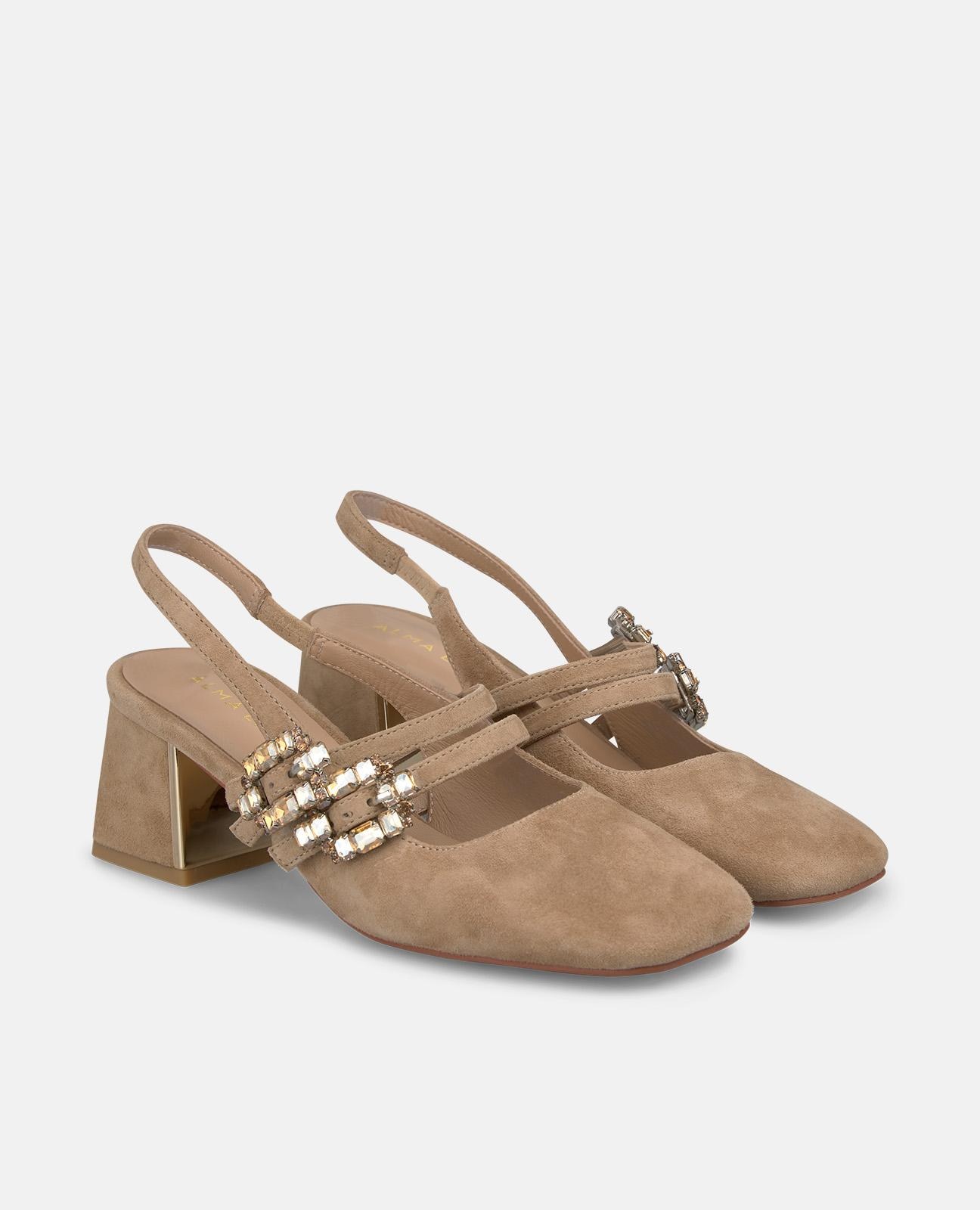 Sapatos de Salto em Pele com Calcanhar Aberto e Tira Dupla com Fivela de Pedras Areia-2