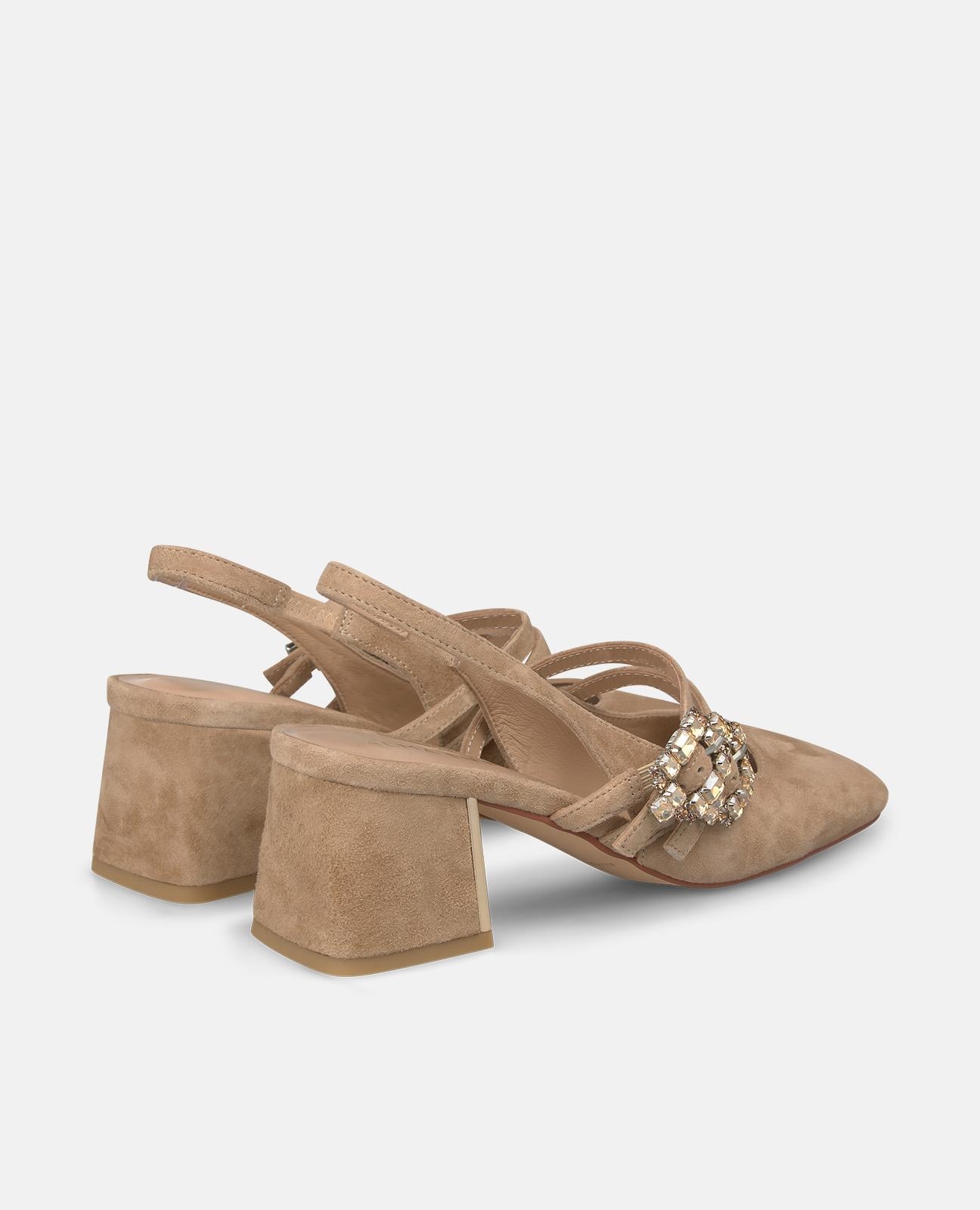 Sapatos de Salto em Pele com Calcanhar Aberto e Tira Dupla com Fivela de Pedras Areia-3
