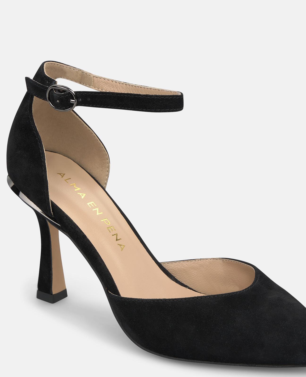 Sapatos de Salto em Pele com Fecho de Fivela no Tornozelo Preto-4