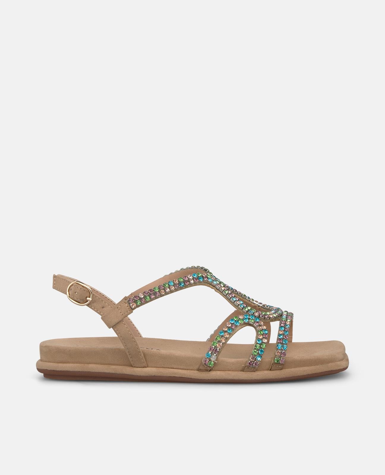 Imagem 0 de Sandálias Rasas com Múltiplas Tiras com Pedraria e Fecho de Fivela