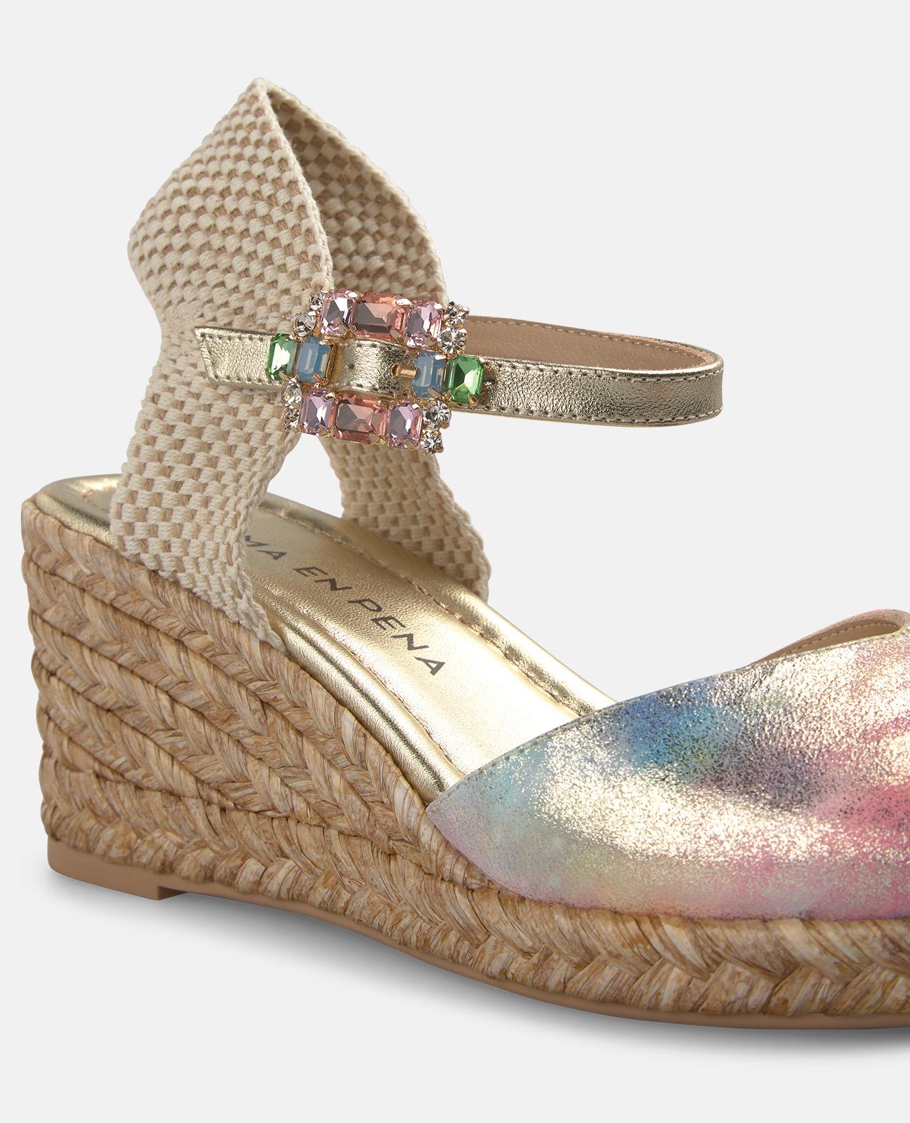 Alpercatas de Cunha de Esparto Efeito Fantasia com Fecho de Fivela Rosa / azul marinho-3