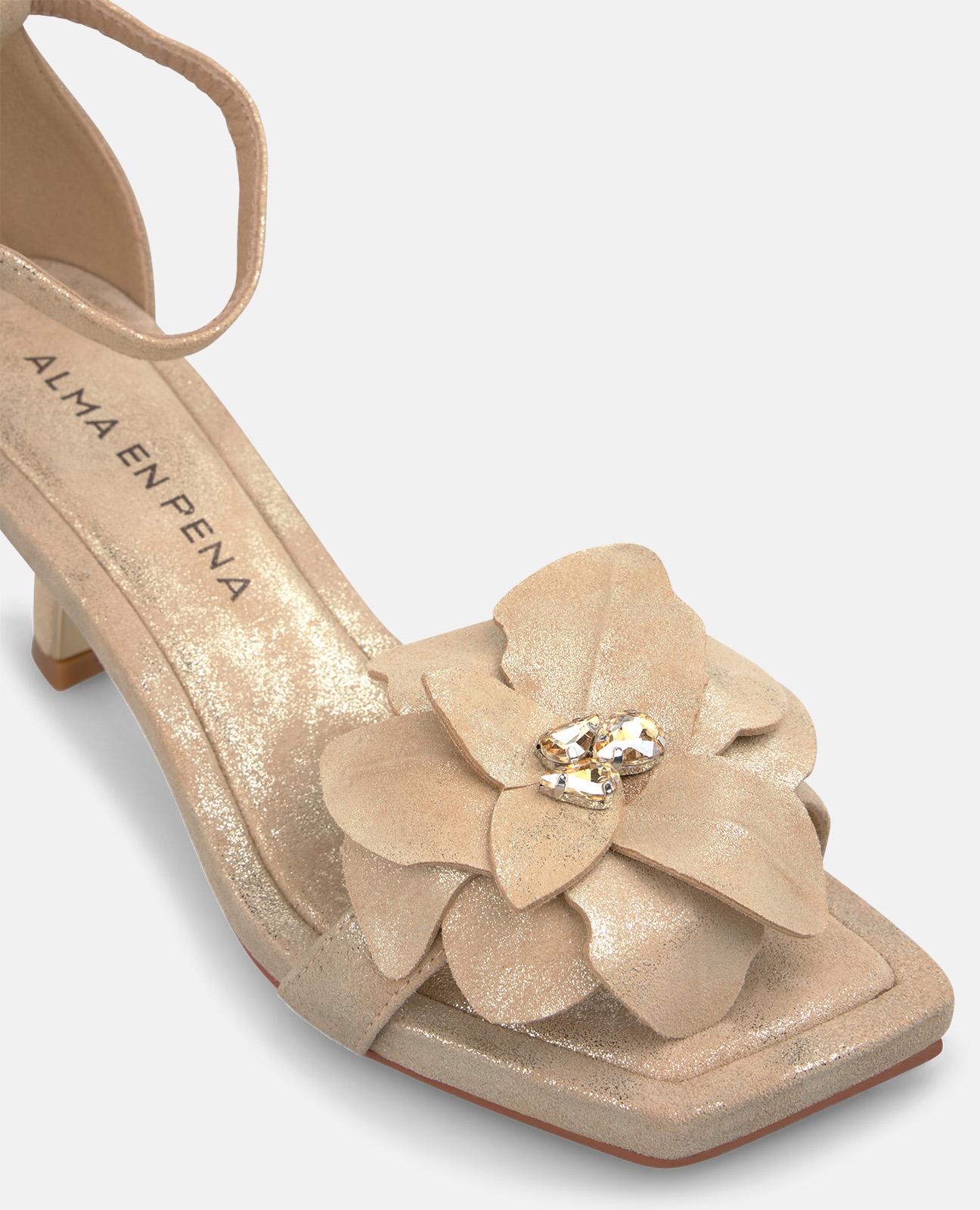 Sandálias de Salto com Detalhe de Flor e Fecho de Fivela Areia-4