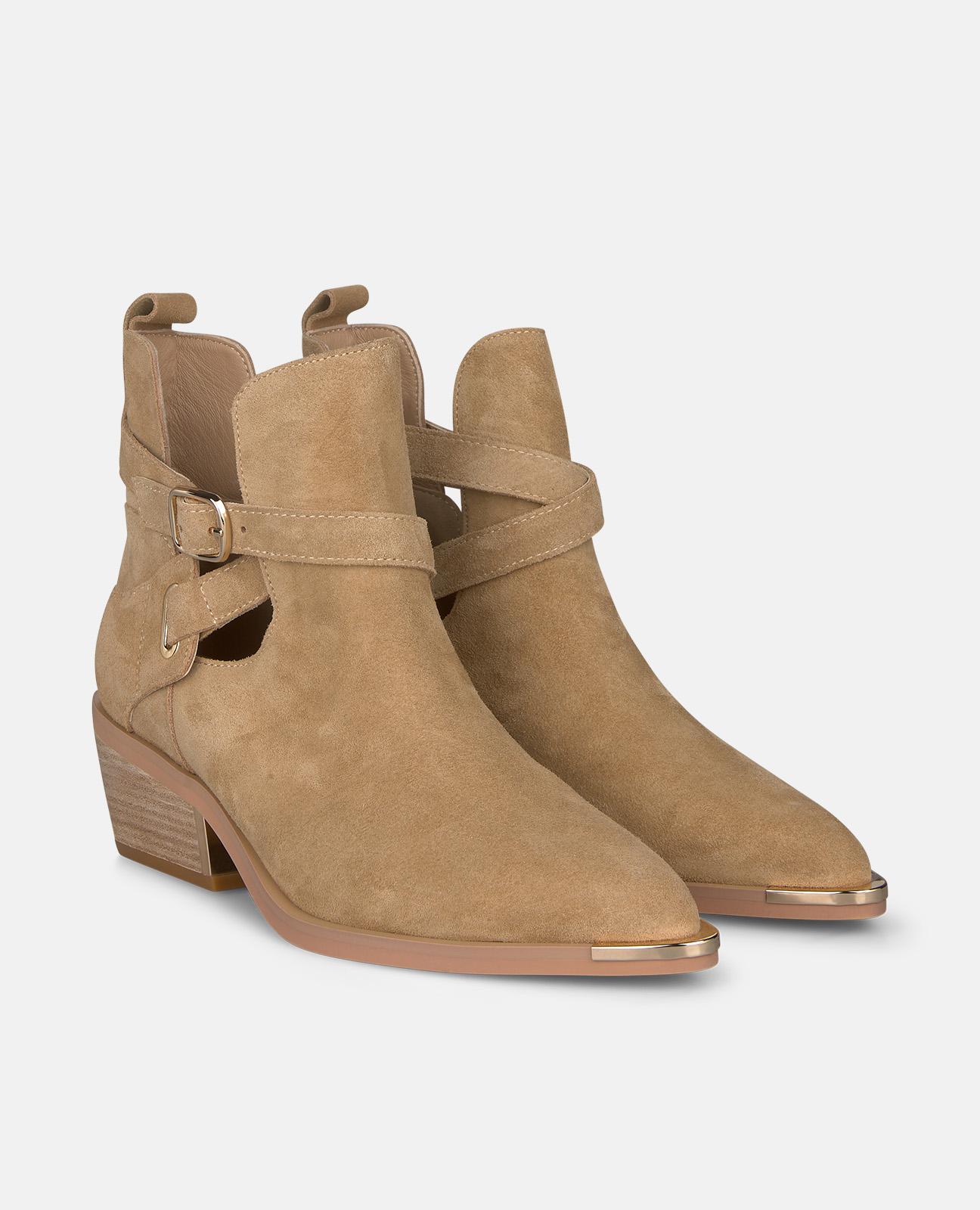 Botins Cowboy em Pele com Tira Dupla com Fivela Areia-2