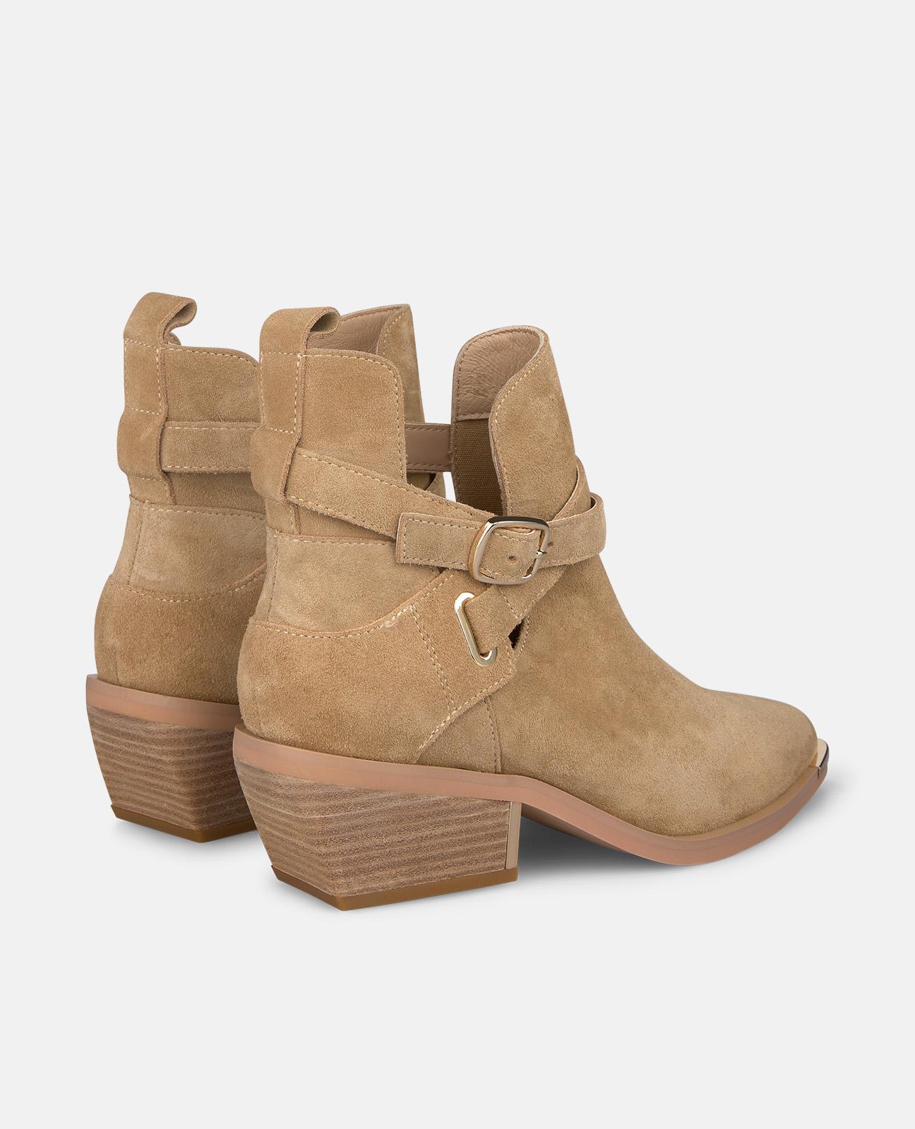Botins Cowboy em Pele com Tira Dupla com Fivela Areia-3