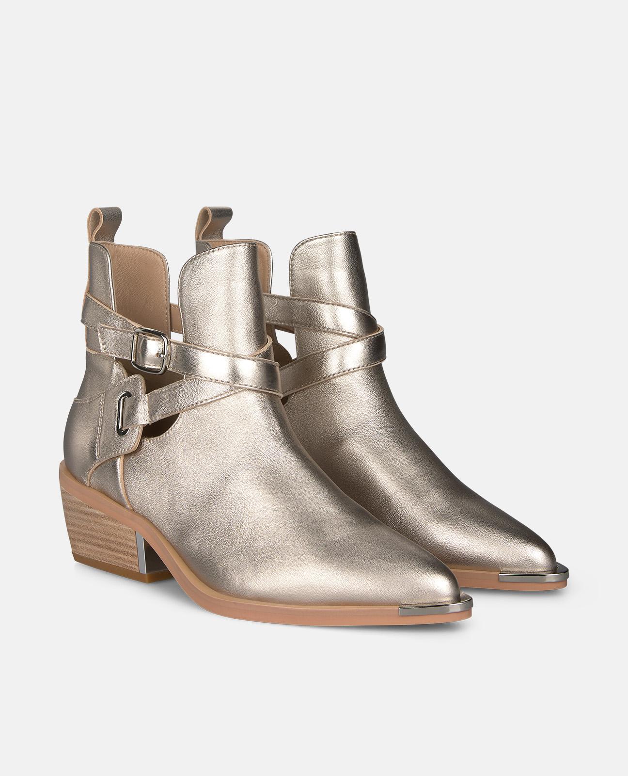 Botins Cowboy em Pele Efeito Metalizado com Tira Dupla com Fivela Dourado-2