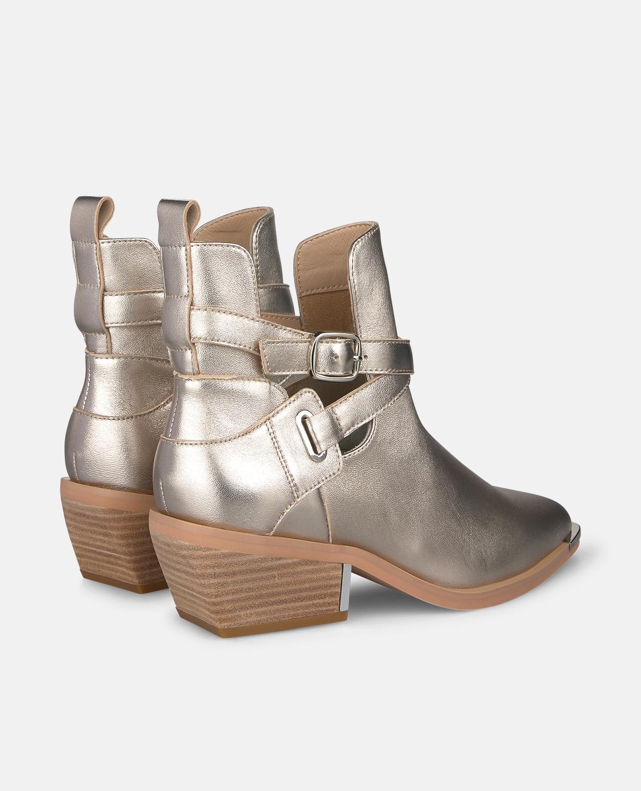 Botins Cowboy em Pele Efeito Metalizado com Tira Dupla com Fivela Dourado-3
