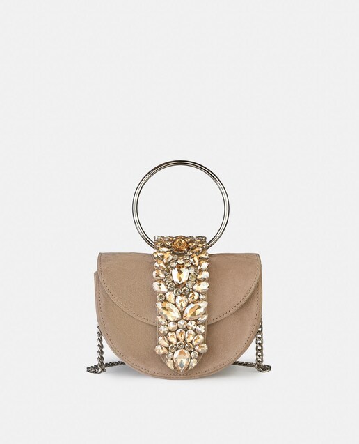 Imagem 0 de Mala de Mão Meia-lua Conversível a Tiracolo de Pele com Pedraria